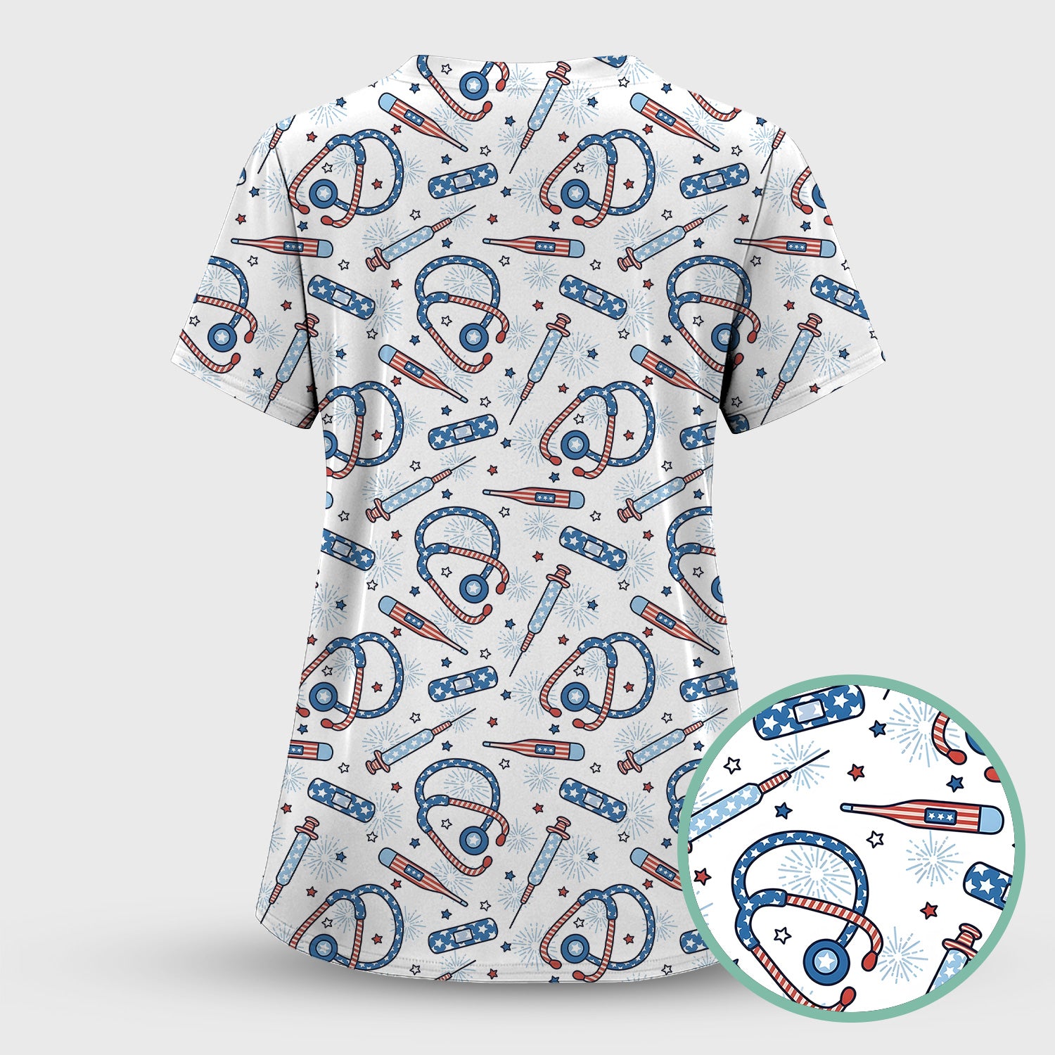 Funny Patriotic Stethoscope Bandage Nurse Pattern Scrub Set, Scrub Pants and V Neck Top