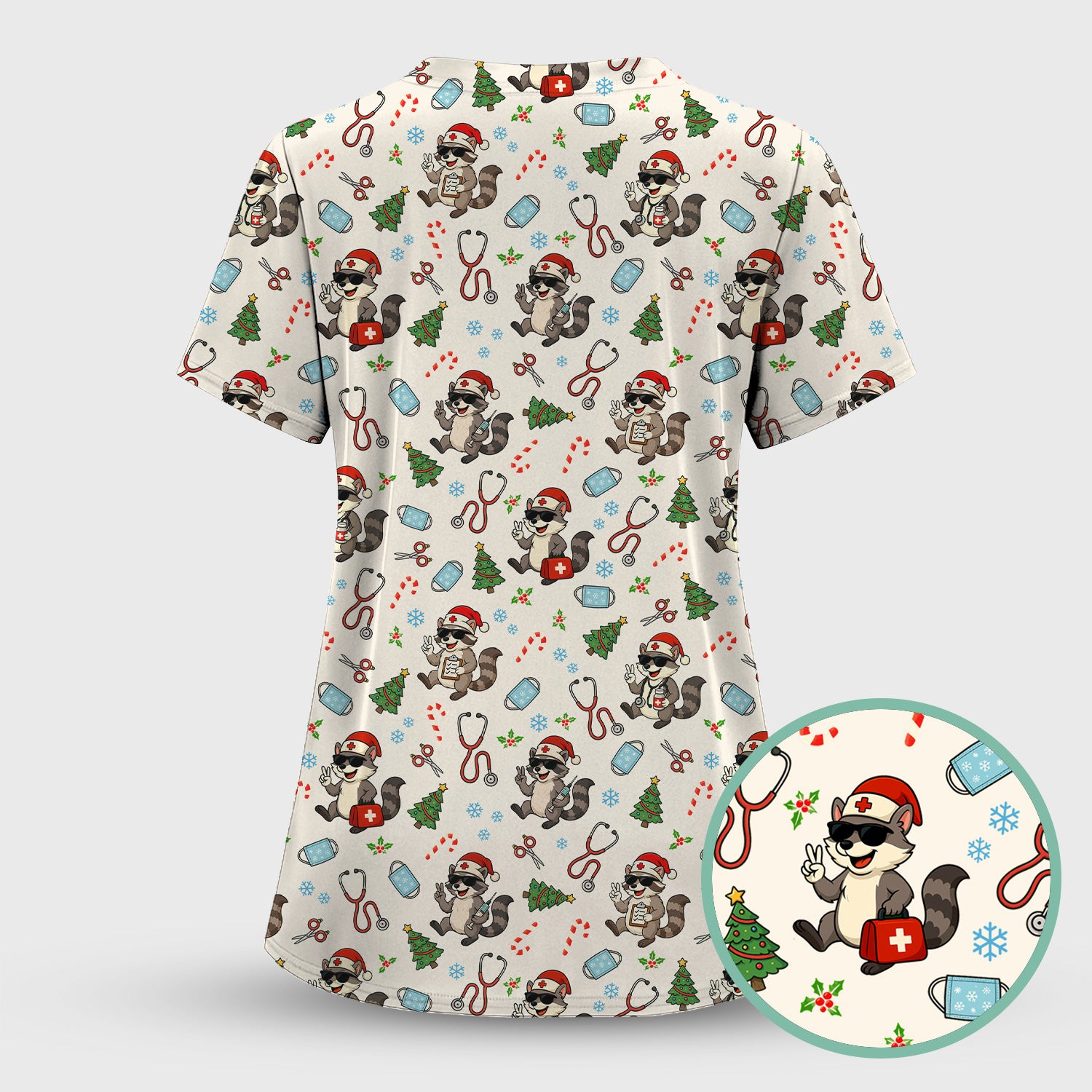 Funny Christmas Nurse Scrub Set - Raccoon Pattern with Santa Hat, Stethoscope and Tree - Cute Holiday Medical Scrubs Pants and Top Gift for RN CNA LPN