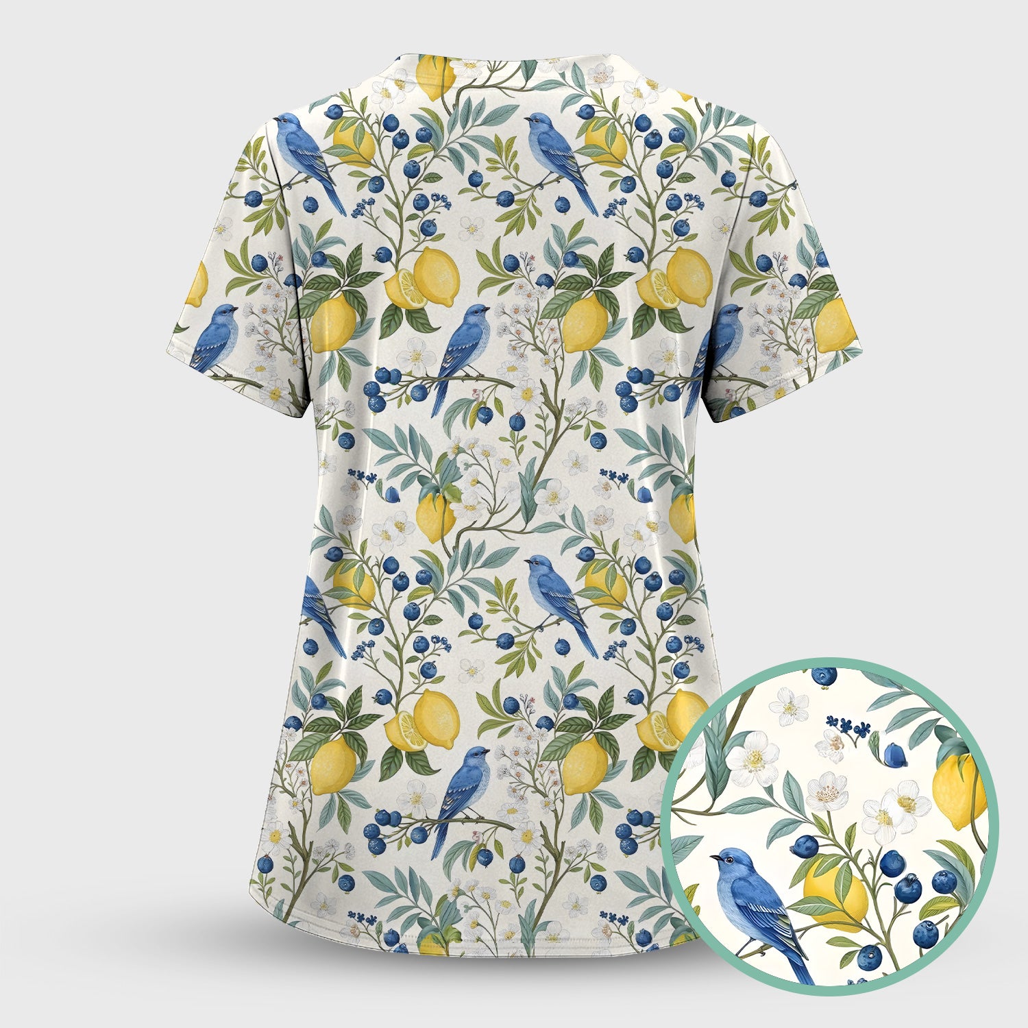 Cute Bluebird Lemon Berry Pattern Scrub Top, Comfortable Scrubs for Nurses