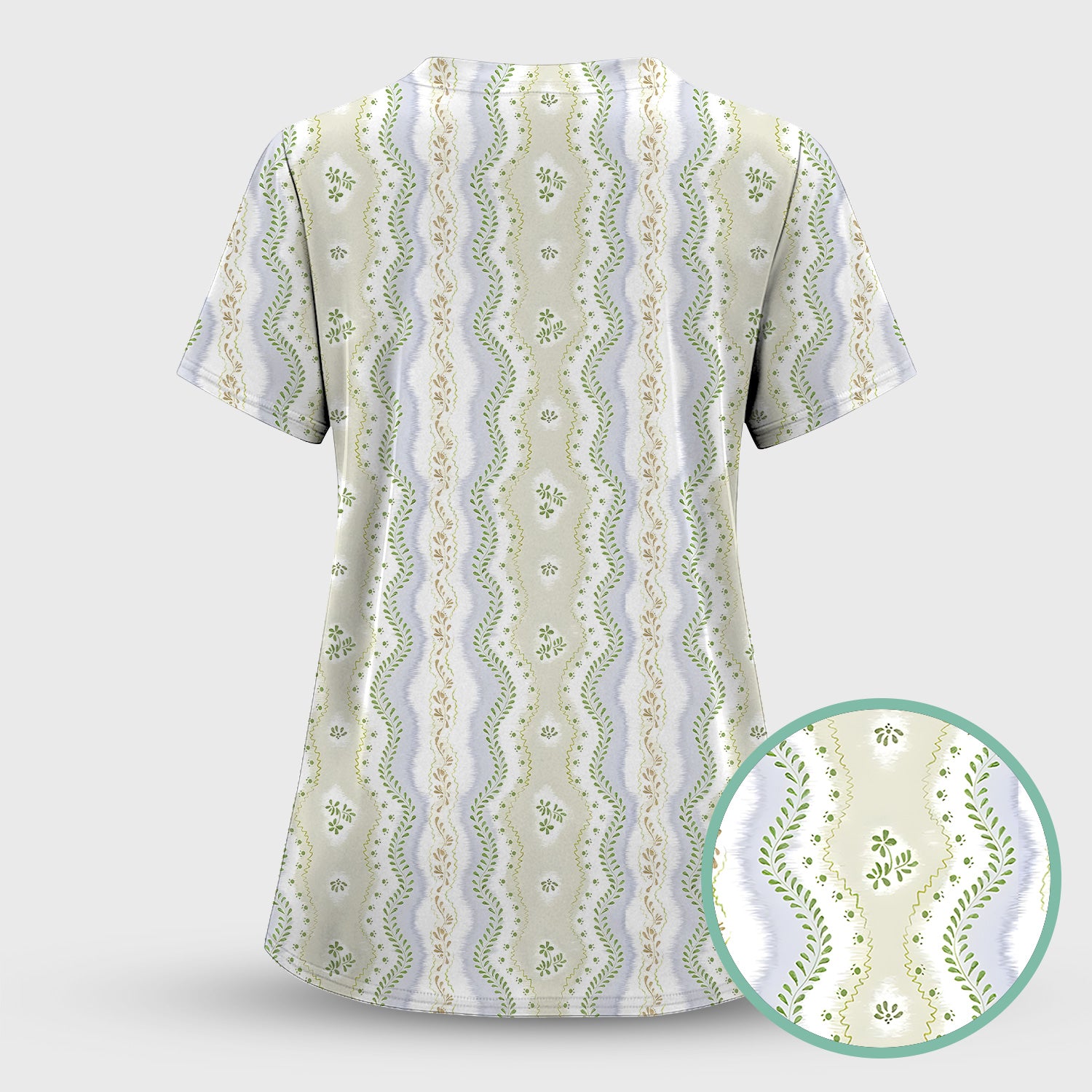 Wavy Stripe Botanical Pattern Scrub Set, Scrub Pants and V Neck Top