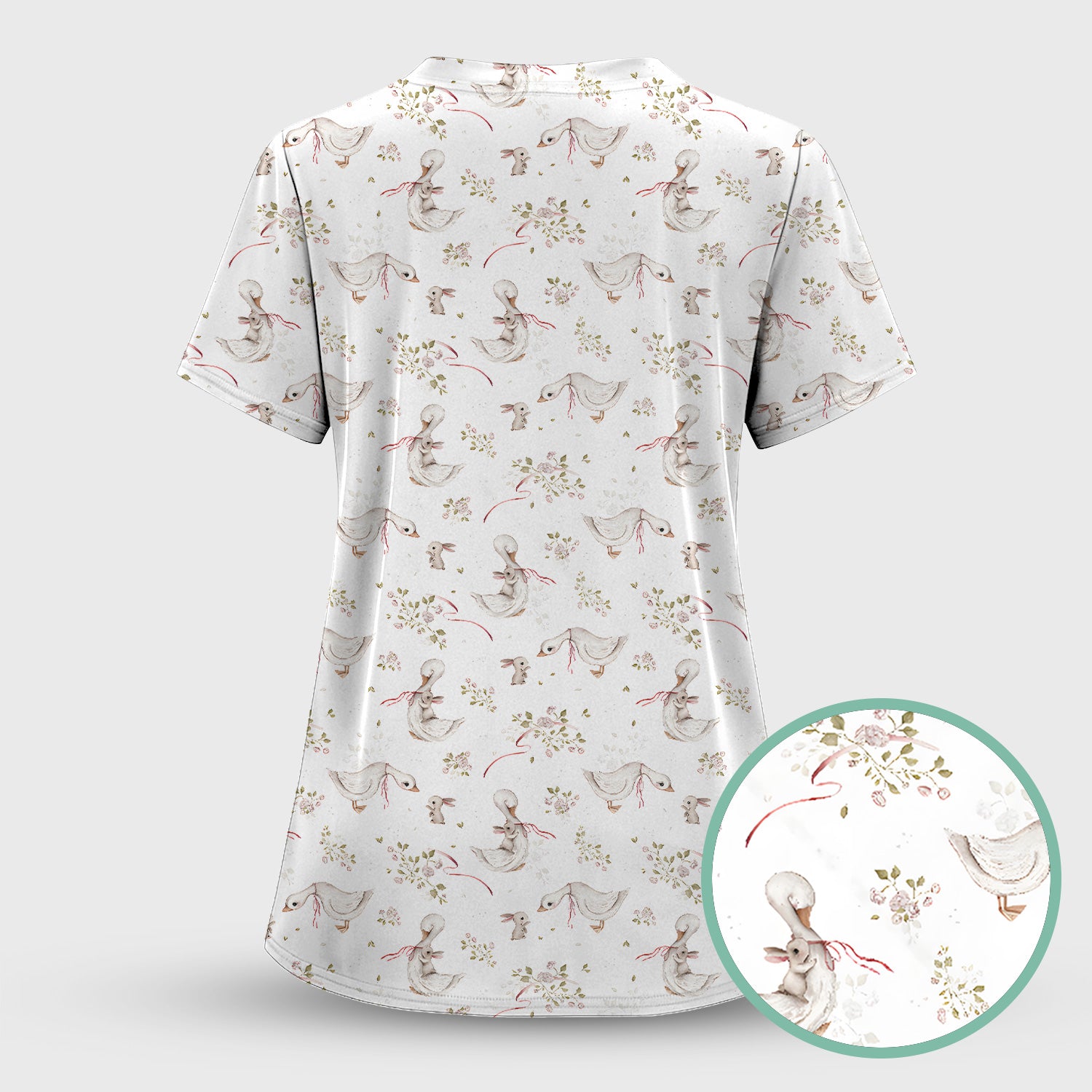 Cute Duck Bunny Floral Print Scrub Top, Breathable Fabrics Nursing Uniform, Easter