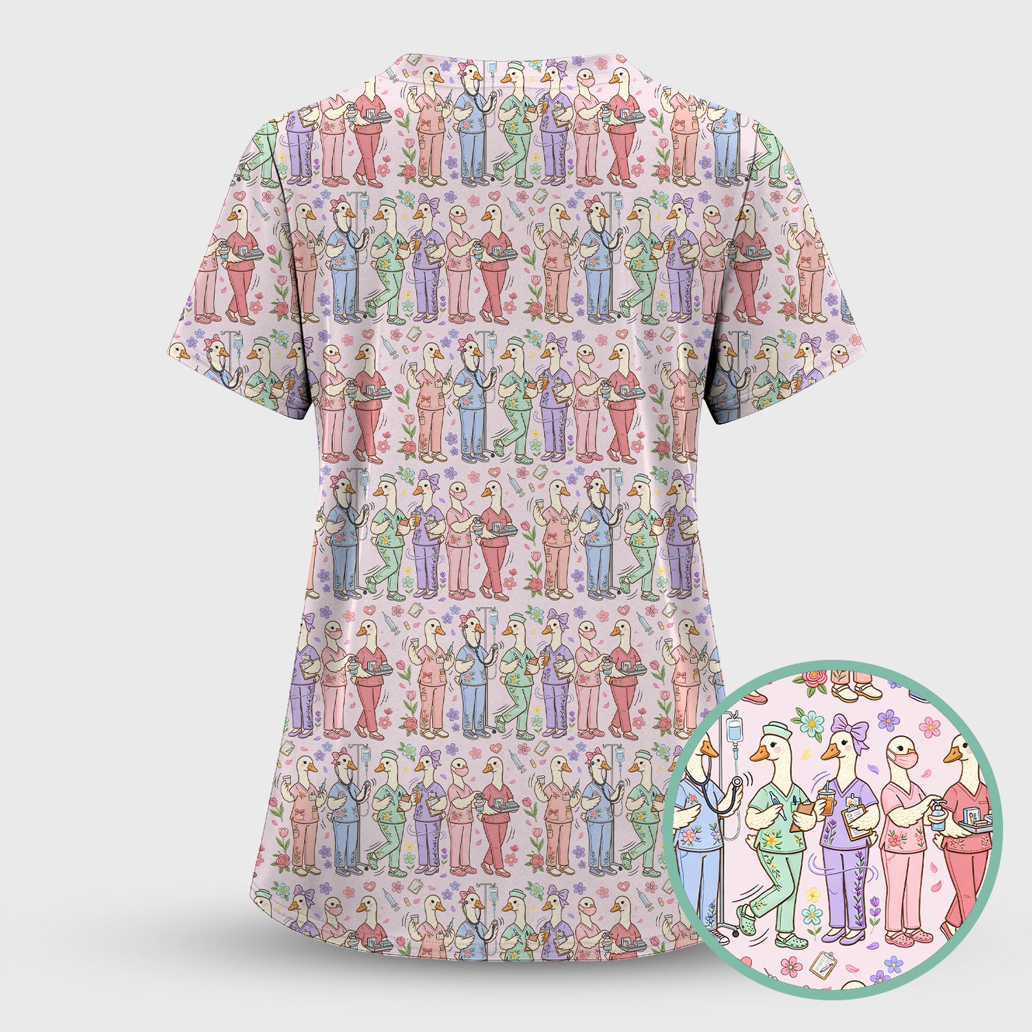 Goose Characters Floral Medical Team Uniform Pattern Scrub Top, Breathable Fabrics Nursing Uniform