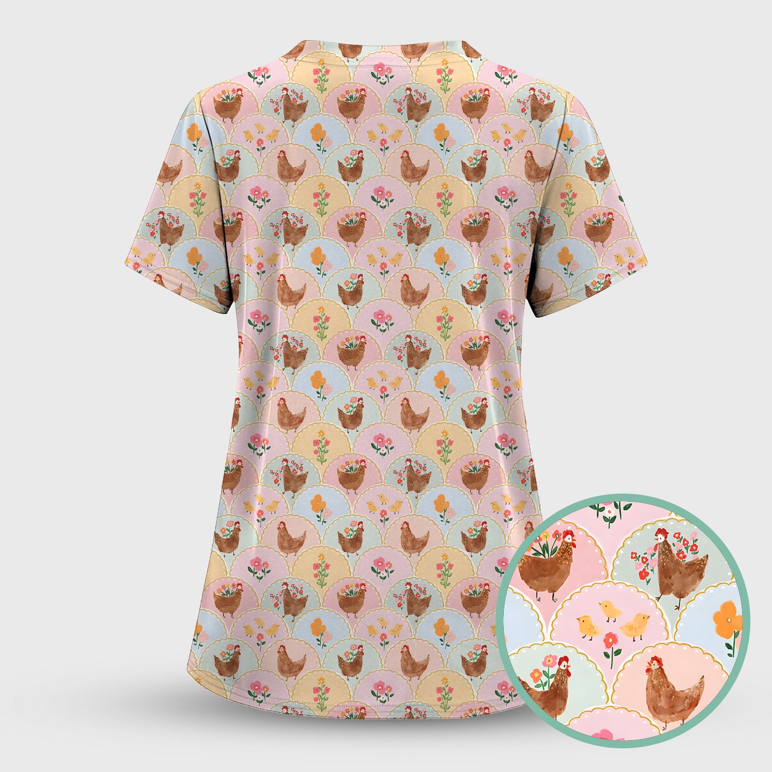 Pastel Chicken With Floral Scrub Top, Cute Chicken Nursing Uniform For Women