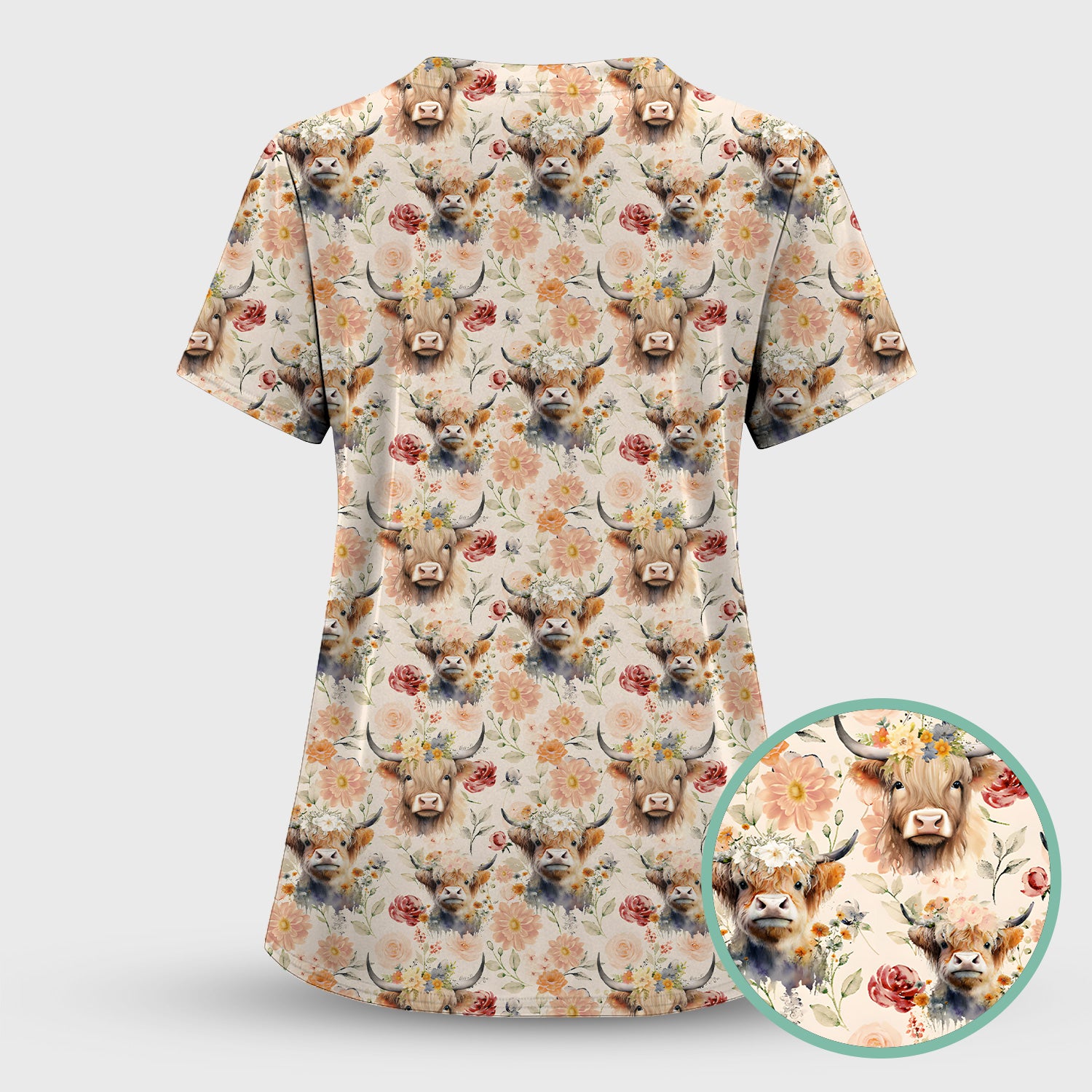 Cute Highland Cow Floral Pattern Scrub Top, Comfortable Scrubs for Nurses