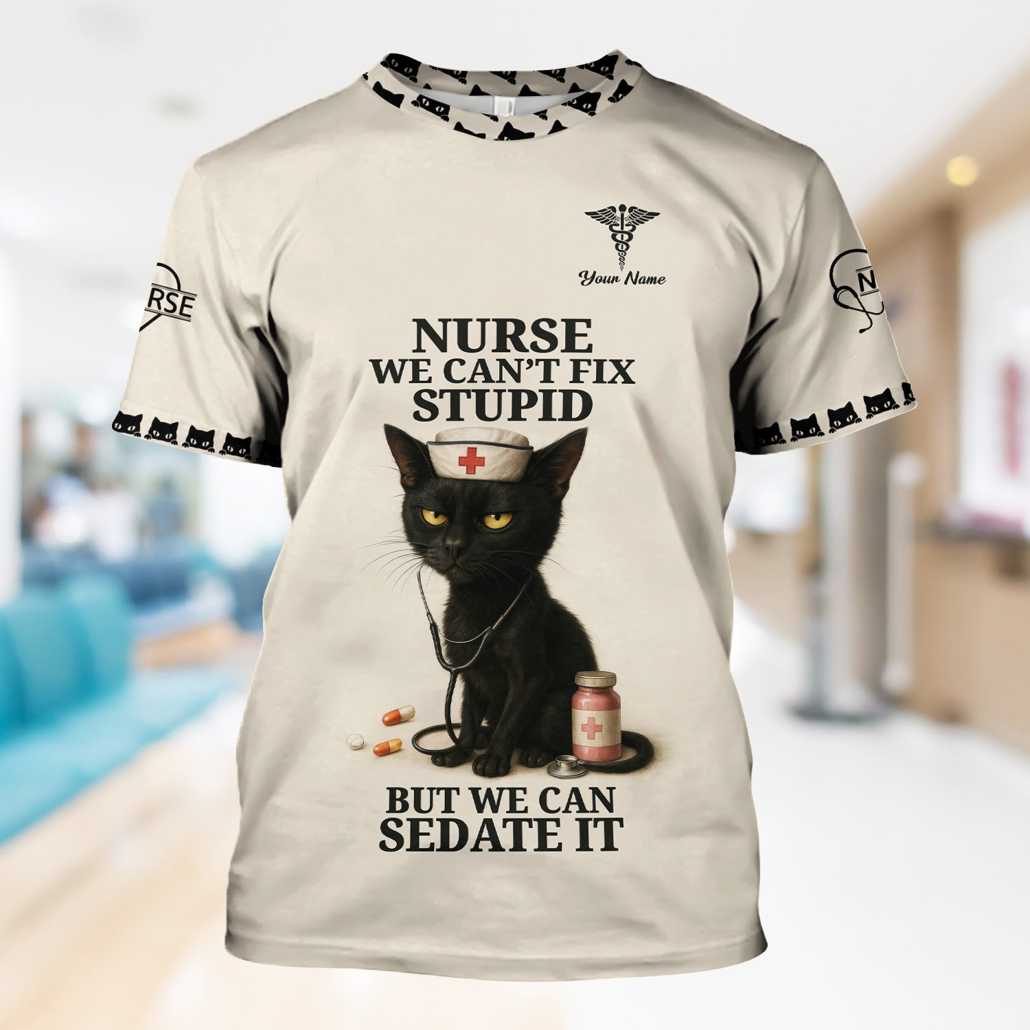 Custom Nurse V-Neck Scrub Shirt - Hilarious Cat Graphic with Medical Quote - Gift for Registered Nurse LPN CNA Women