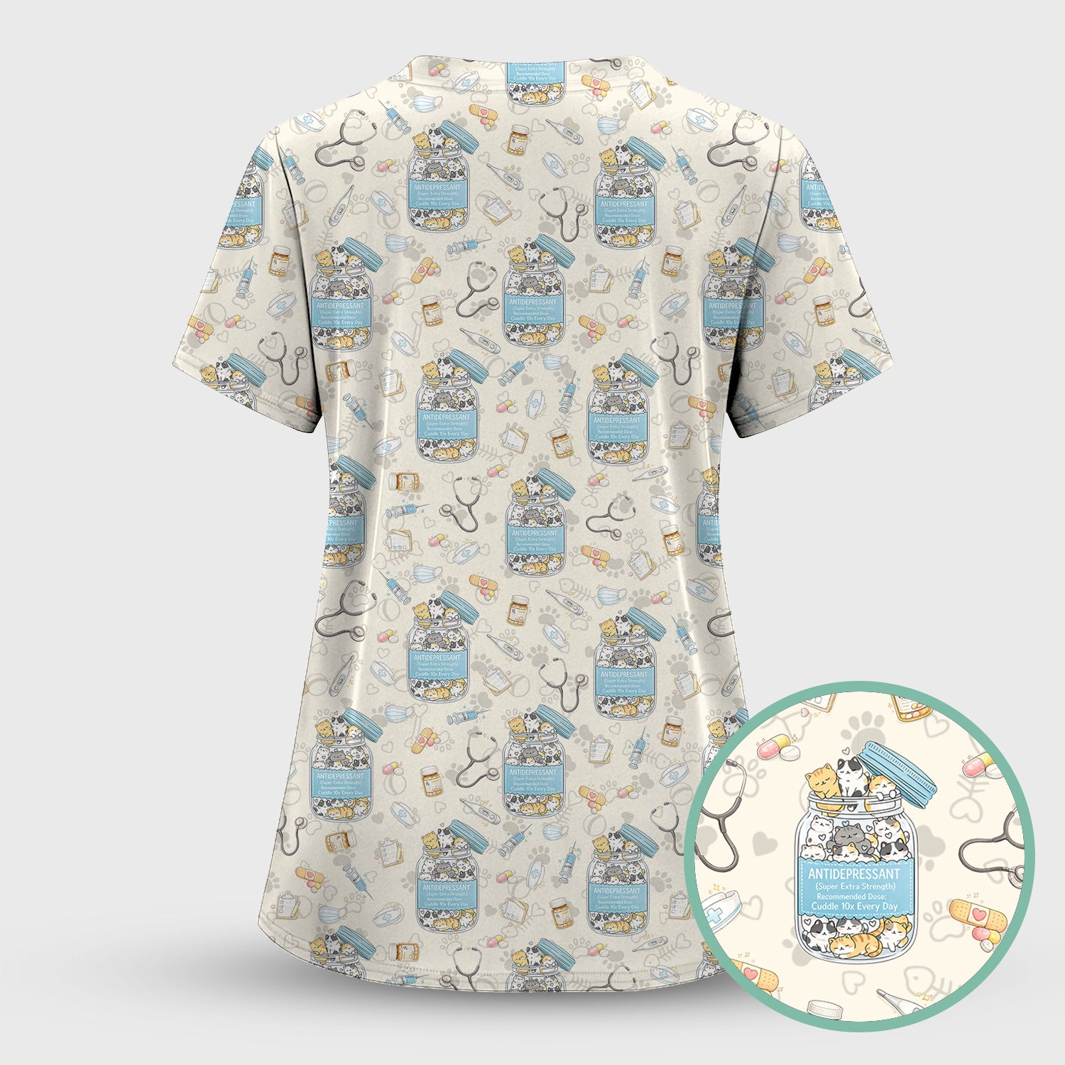 Cute Antidepressant Cat Jar Print Nurse Scrub Top, Breathable Fabrics Nursing Uniform