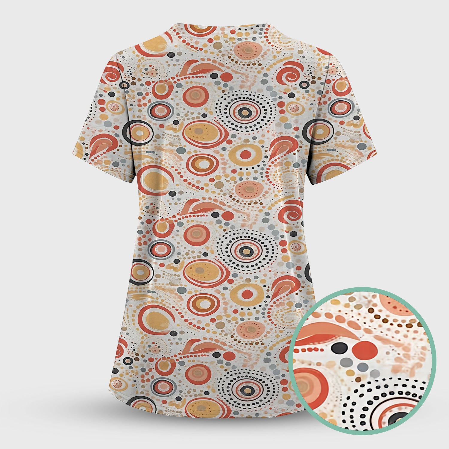 Abstract Earth Tone Dot Circle Pattern Scrub Top, Breathable Fabrics Nursing Uniform