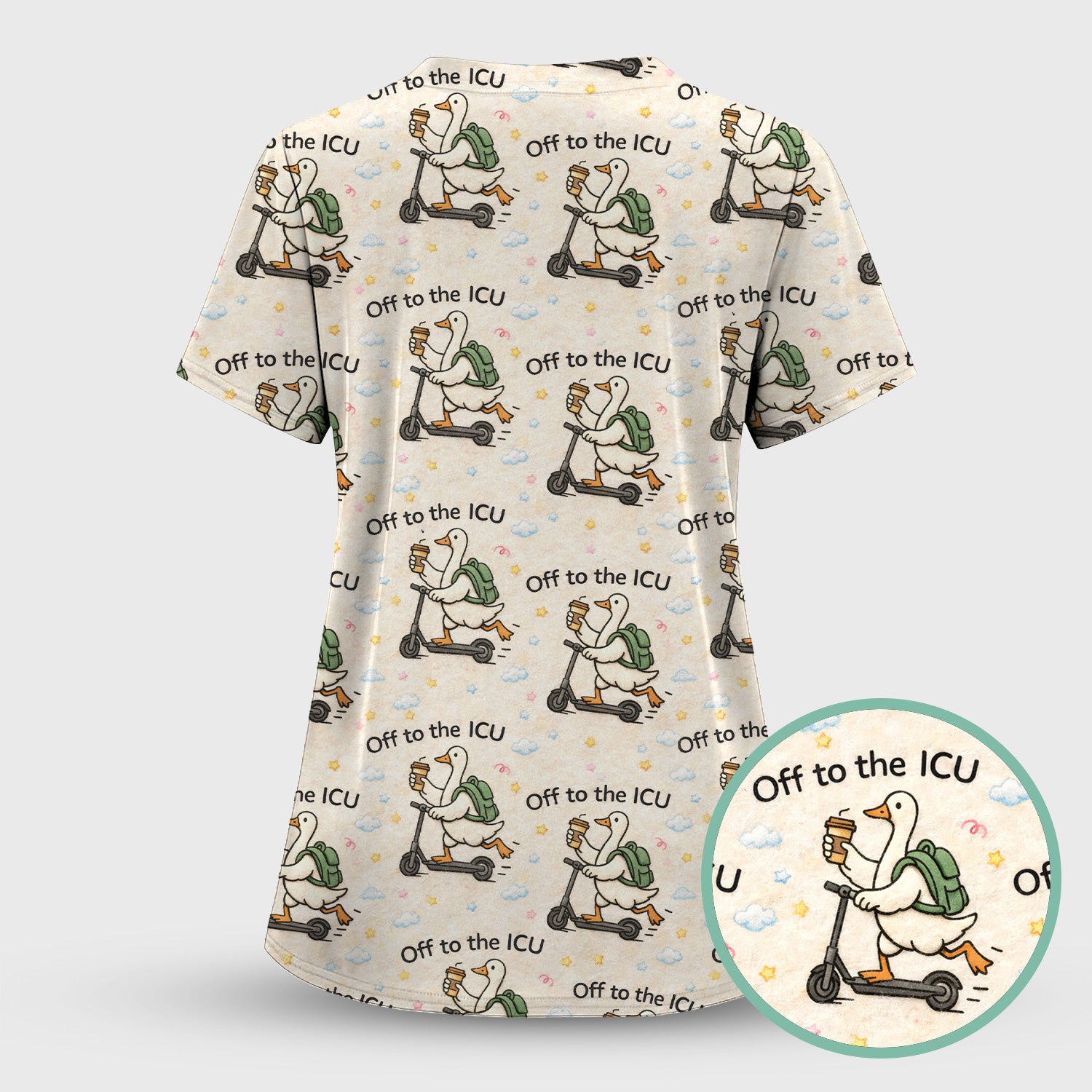 Funny Goose Off To The ICU Pattern Scrubs Top, Breathable Fabrics Nursing Uniform