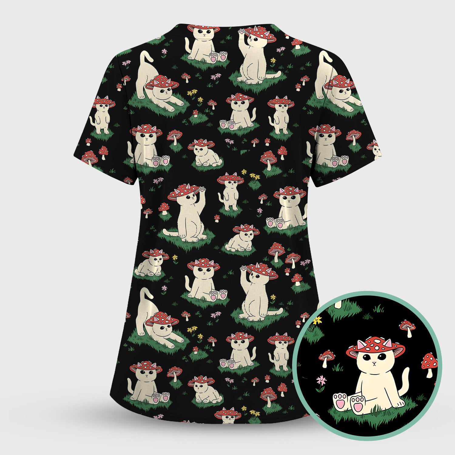 Cute Mushroom Cat Pattern Scrub Top, Comfortable Scrubs for Nurses