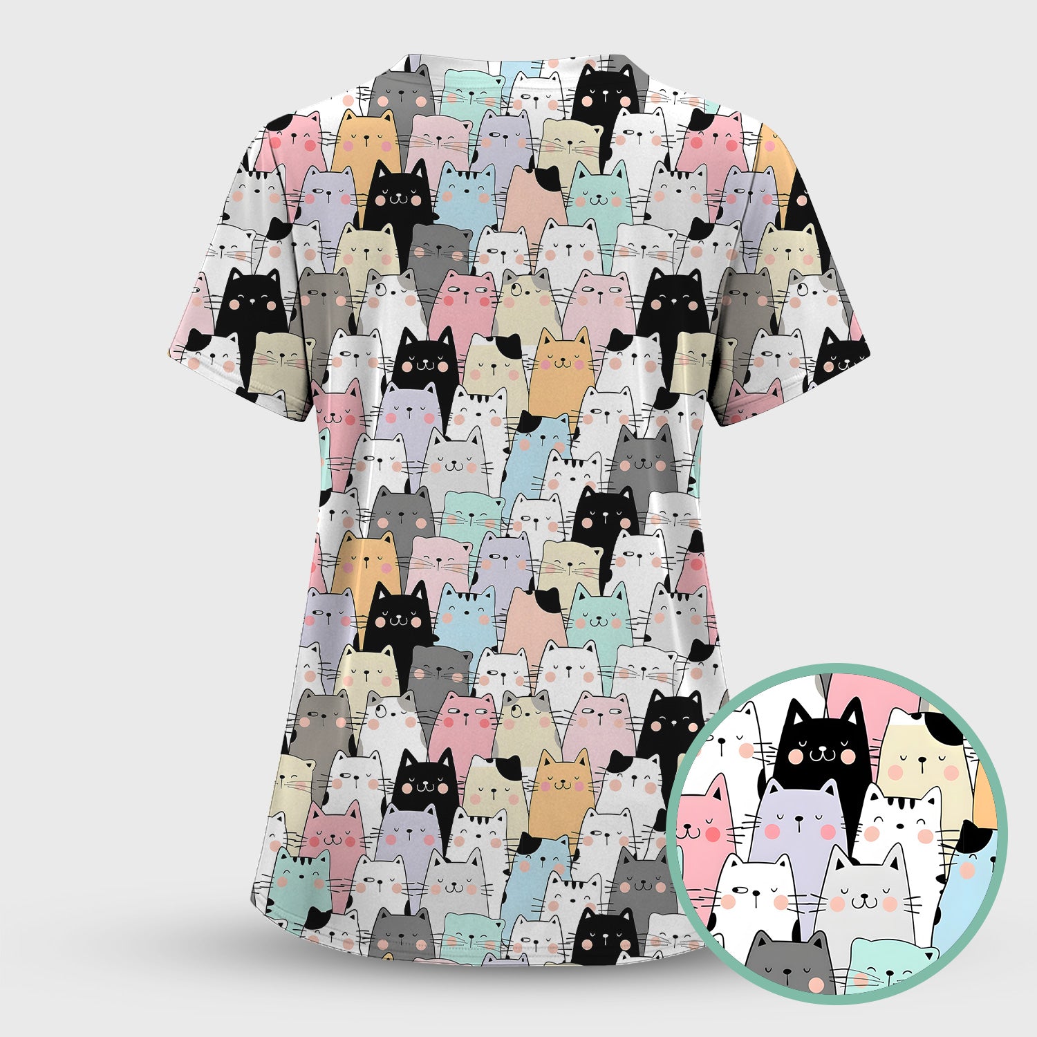 Playful Cartoon Cat Crowd Pattern Scrub Top, Comfortable Scrubs for Nurses