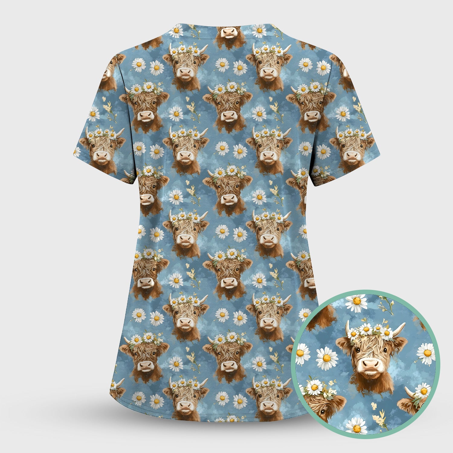 Highland Cow Daisy Flower Pattern Scrub Top, Comfortable Scrubs for Nurses