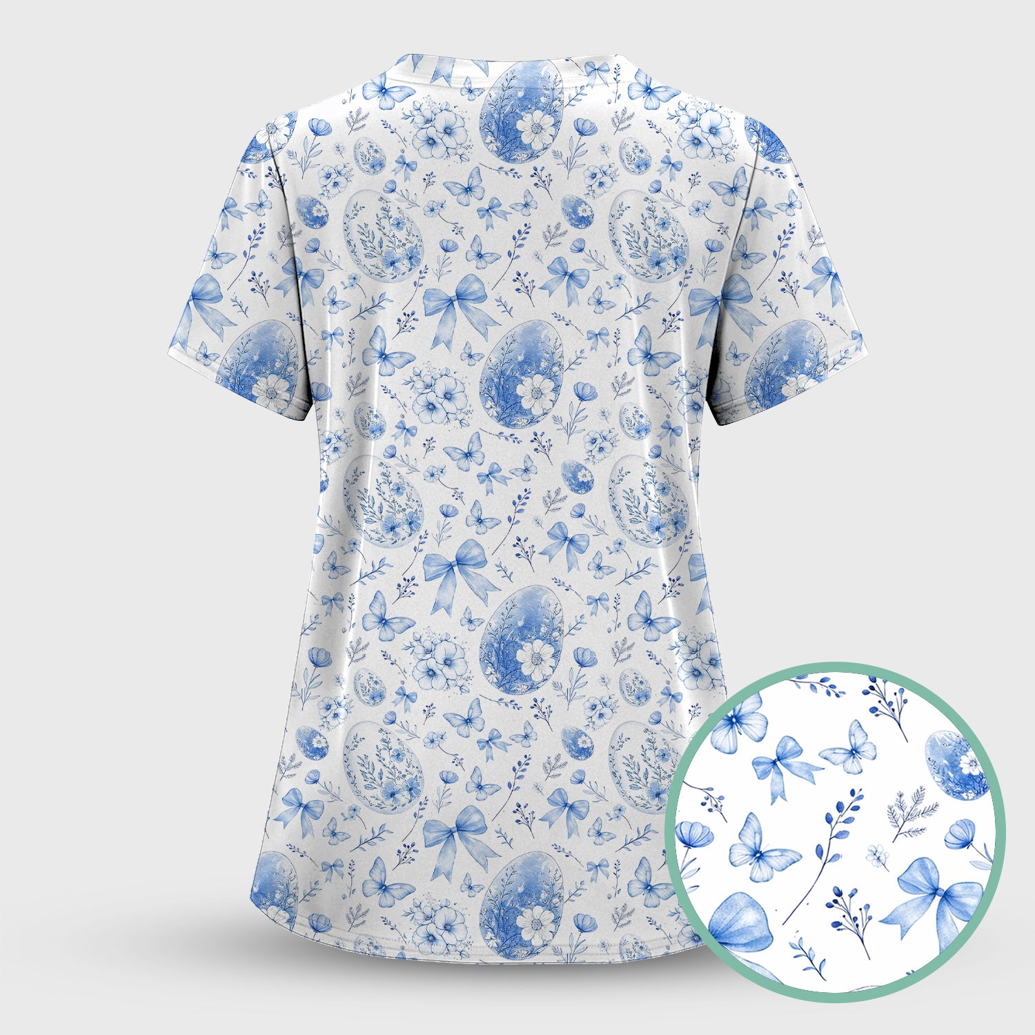 Butterfly Floral Bow Vintage Pattern Scrub Top, Breathable Fabrics Nursing Uniform