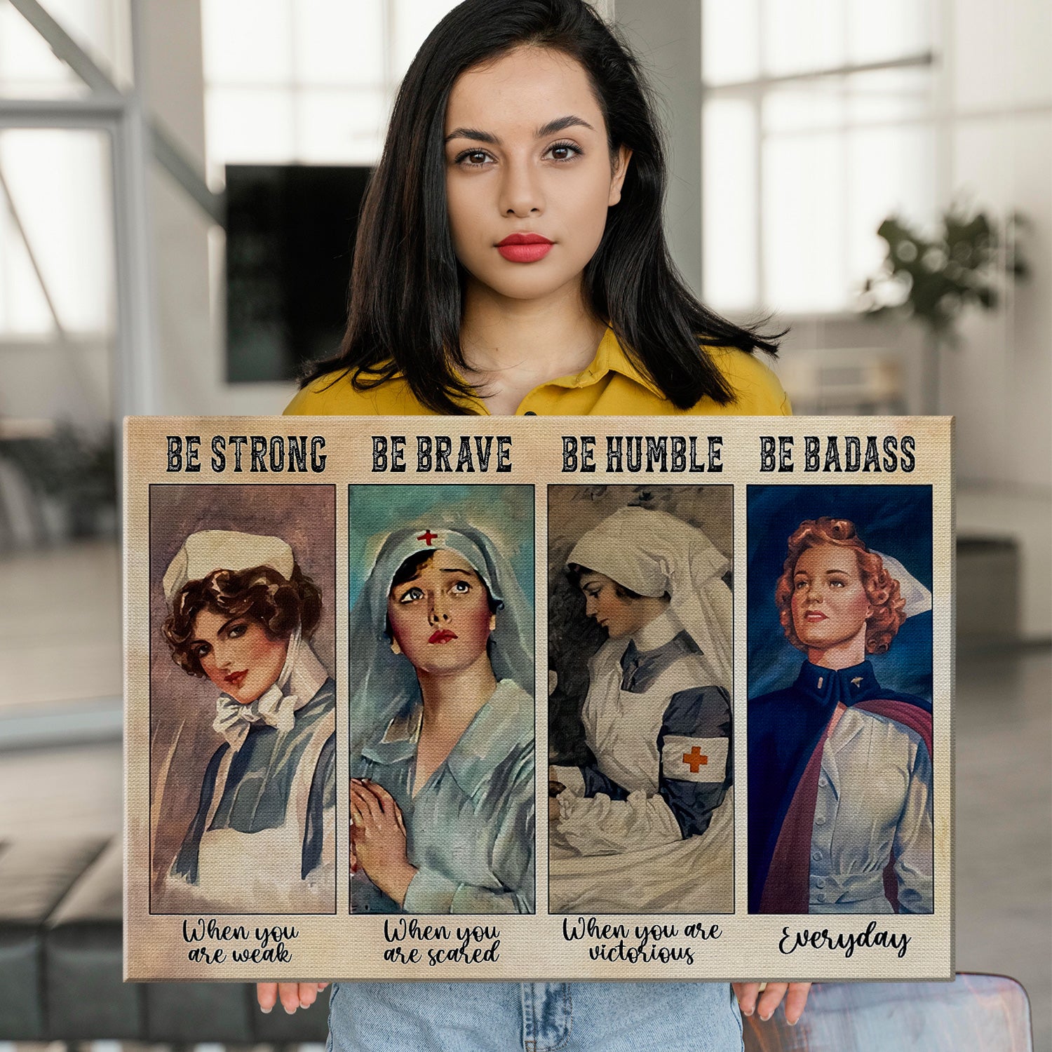 Inspirational Vintage Nurse Canvas, Be Strong Be Brave Be Humble Be Badass, RN LPN CNA Gift
