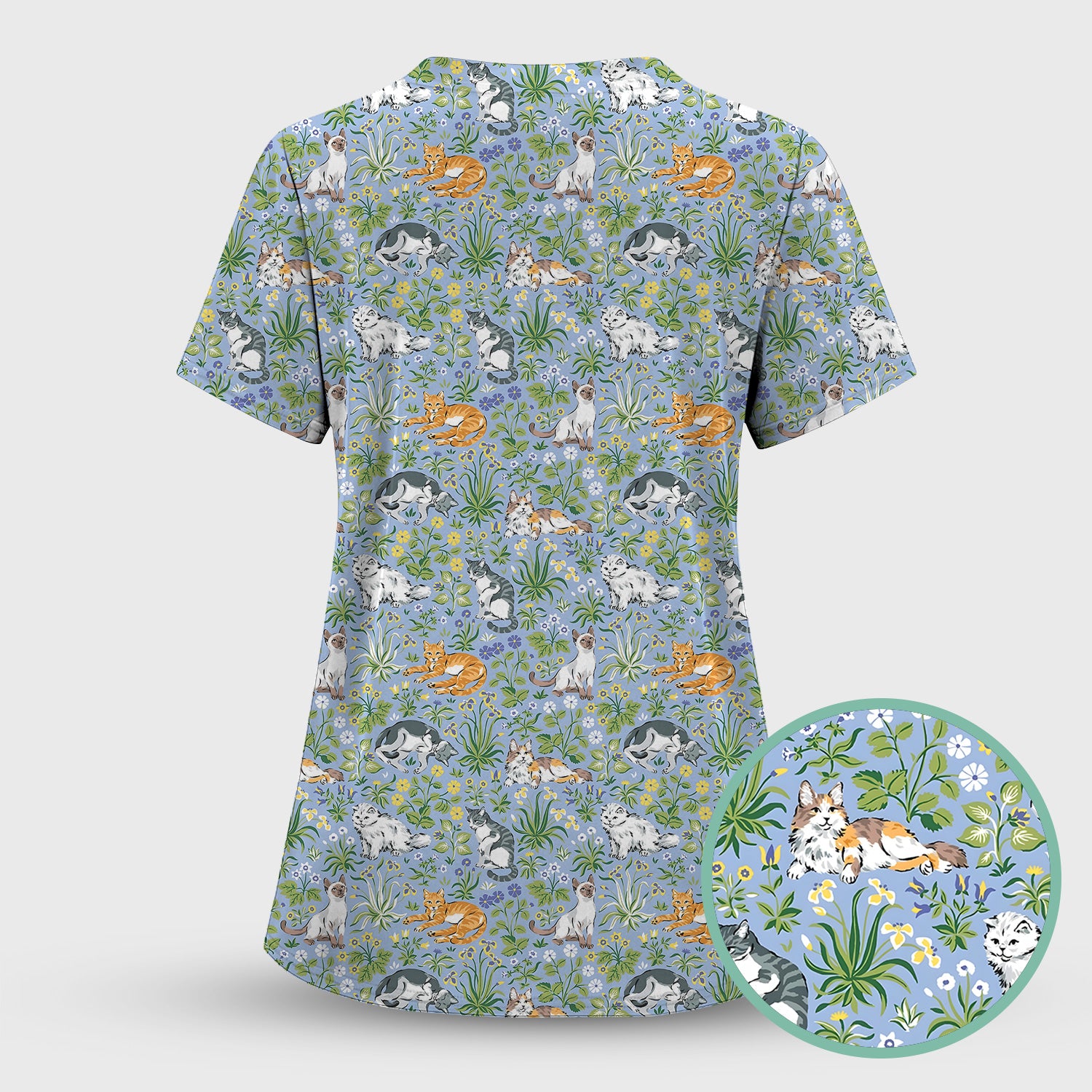 Cute Floral Cat Garden Pattern Scrub Top, Comfortable Scrubs for Nurses