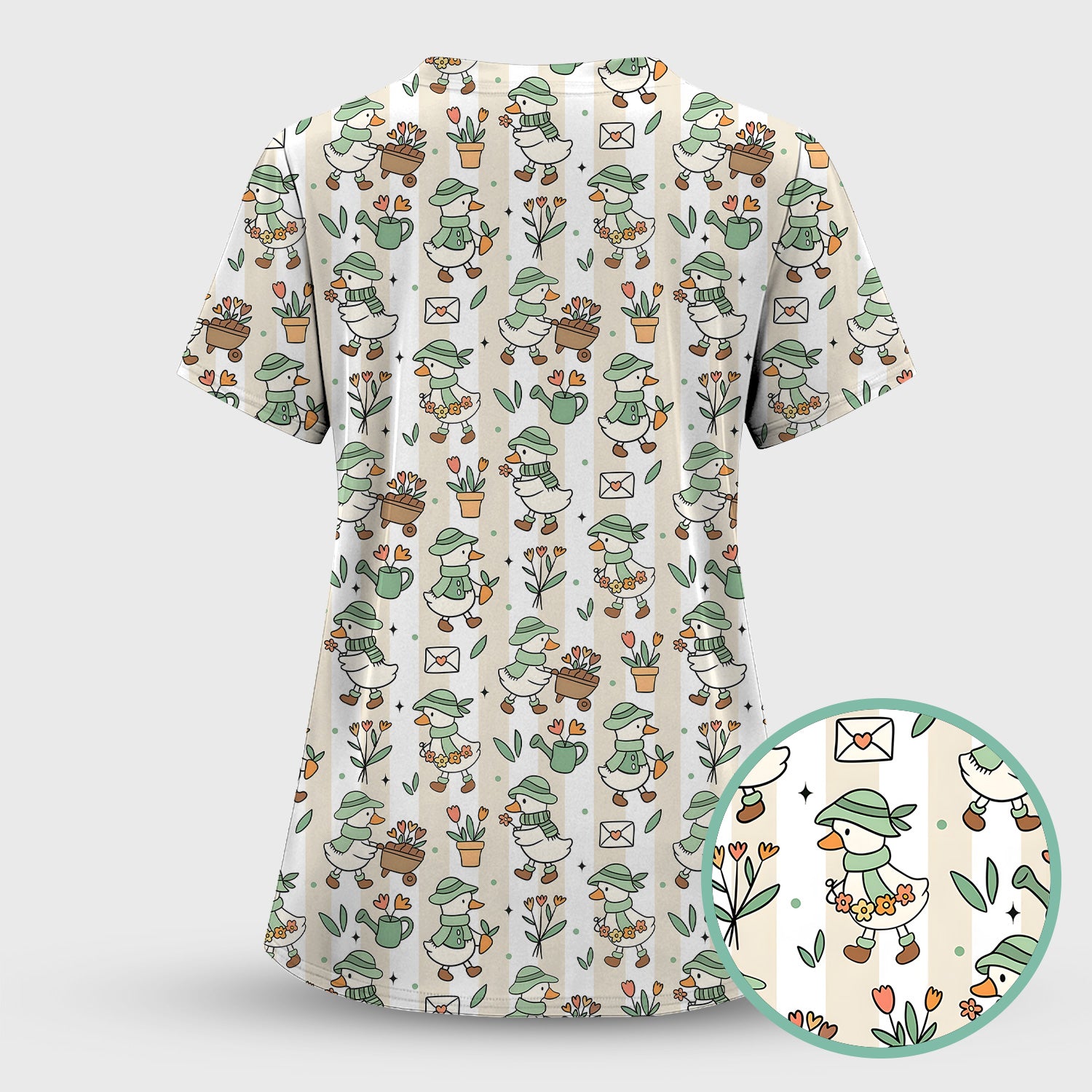 Cute Gardening Duck Floral Pattern Scrub Top, Comfortable Scrubs for Nurses