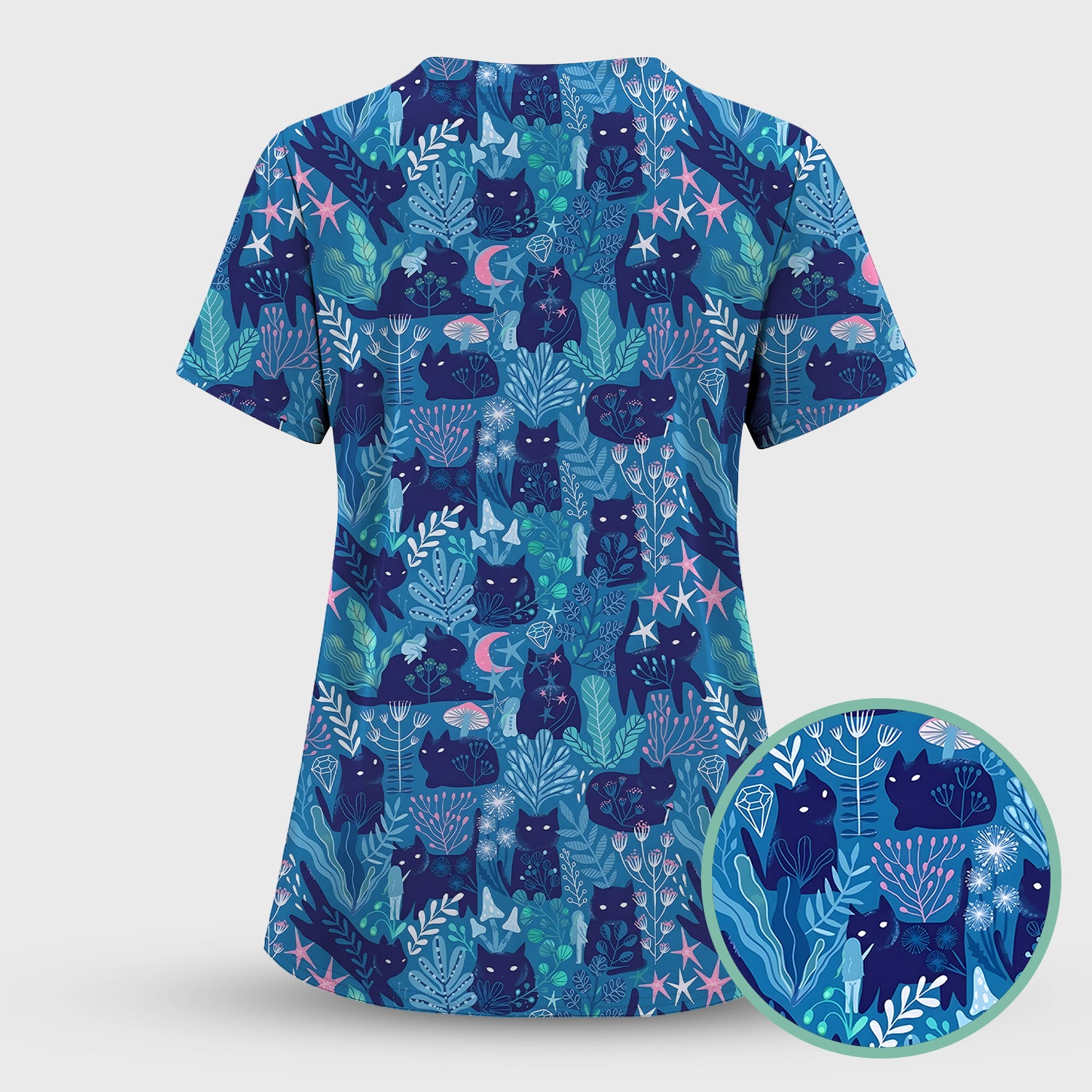 Adorable Celestial Cat Moon Star Pattern Scrub Top, Comfortable Scrubs For Nurses