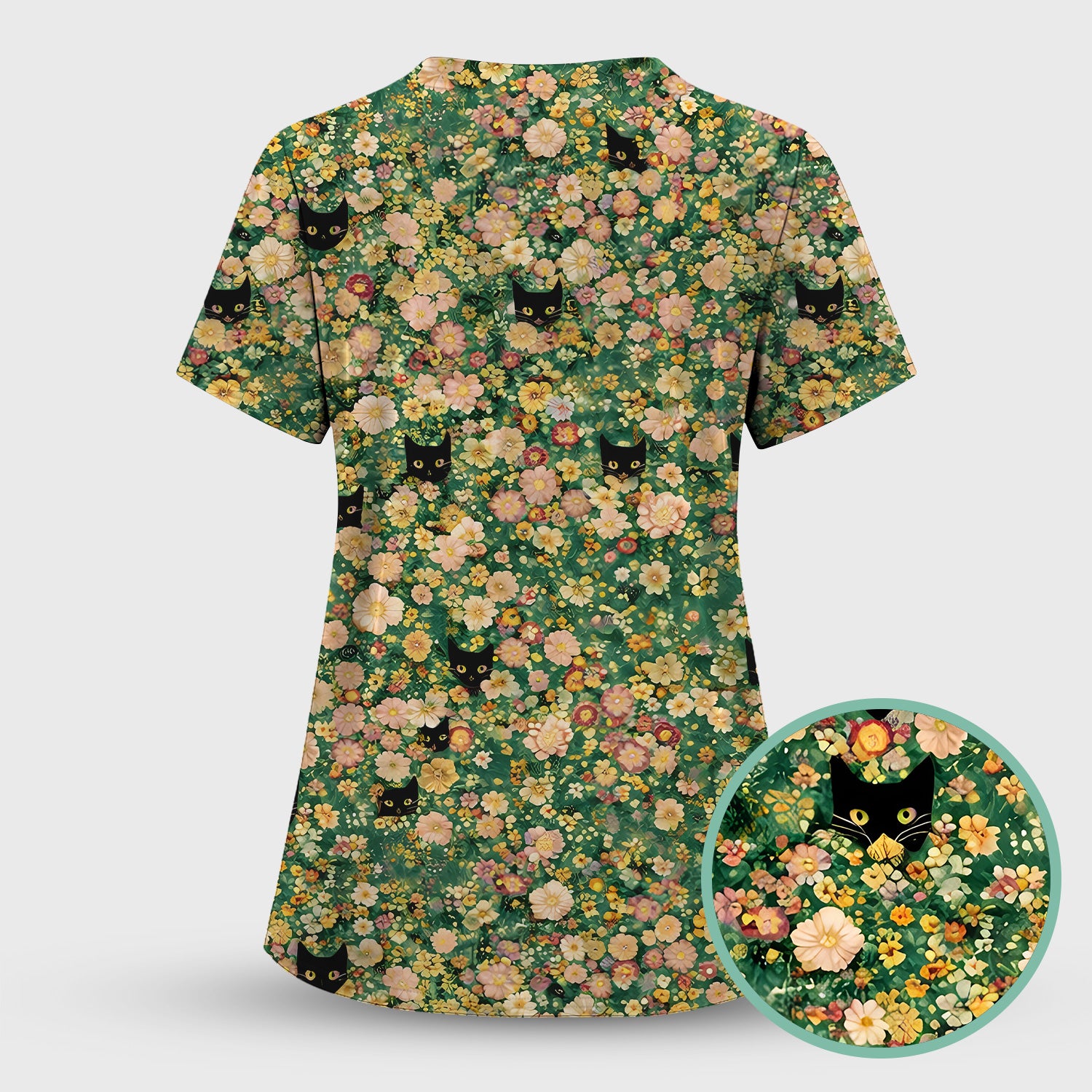 Cute Black Cat In Floral Garden Pattern Scrubs Top, Comfortable Scrubs for Nurses