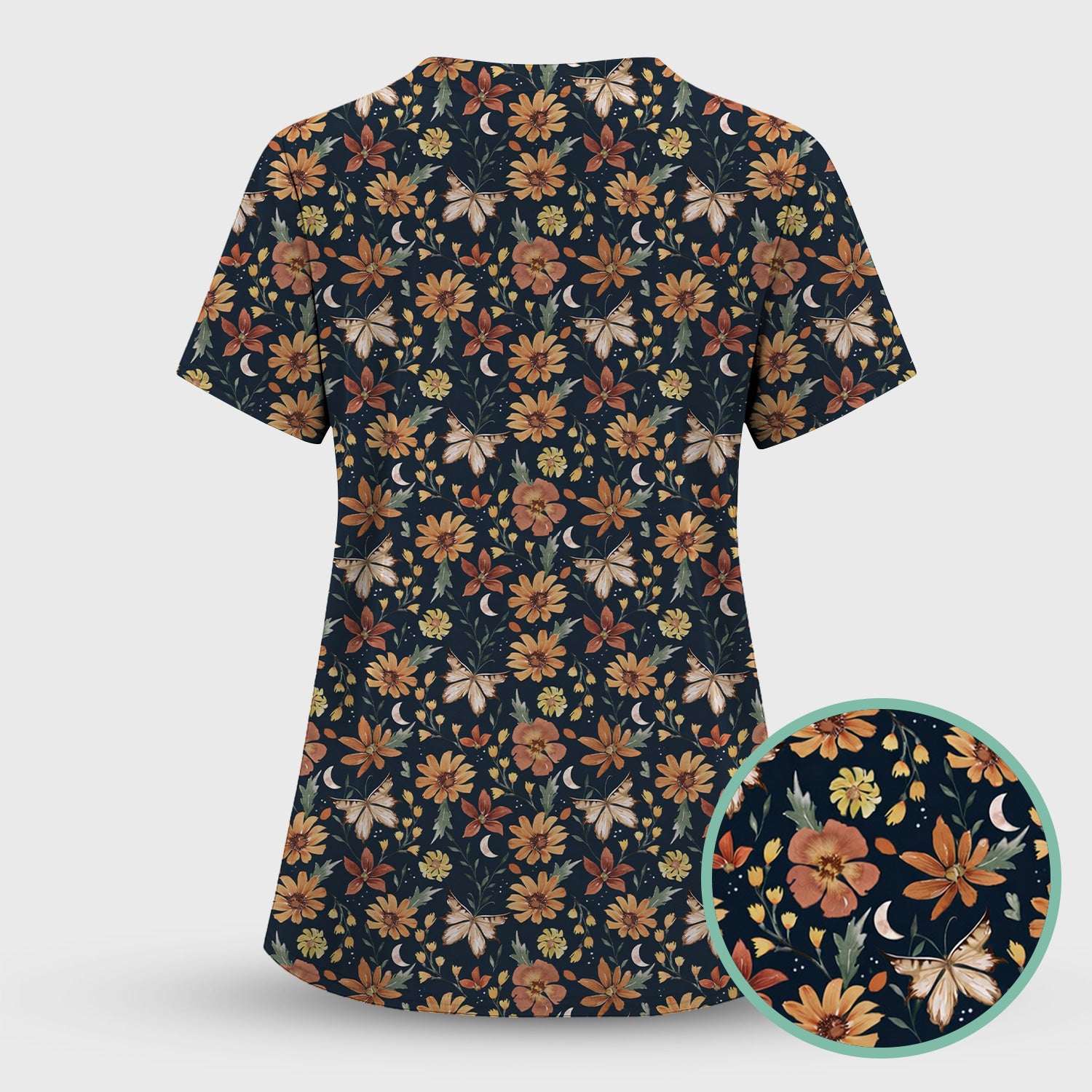 Charming Autumn Floral Butterfly Moon Pattern Scrub Set, Scrub Pants and V Neck Top