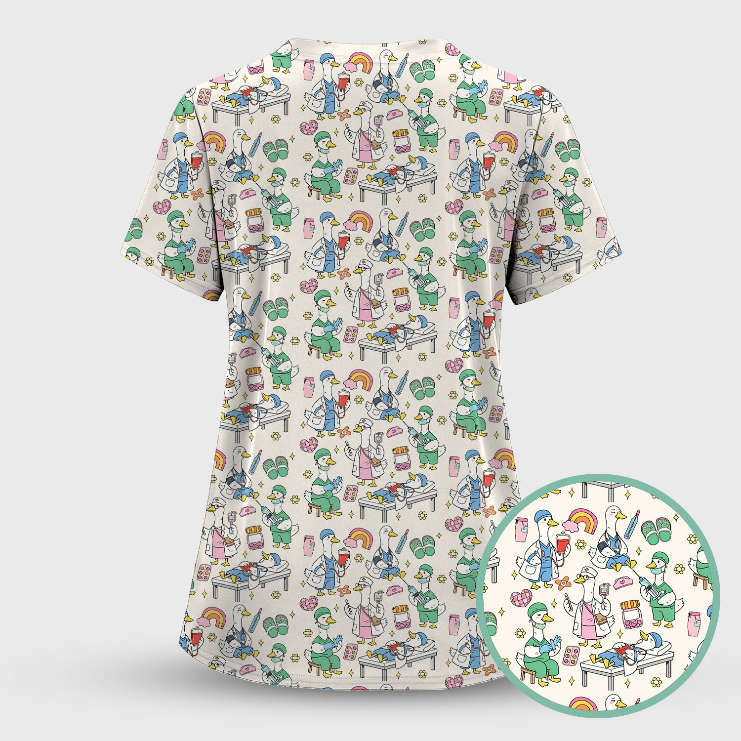 Funny Nurse Duck Medical Doodle Pattern Scrub Top, Comfortable Nurse Workwear Top