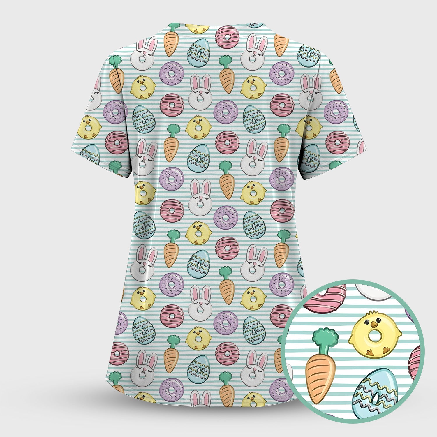 Funny Easter Chick Bunny Pattern Scrub Top, Breathable Fabrics Nursing Uniform