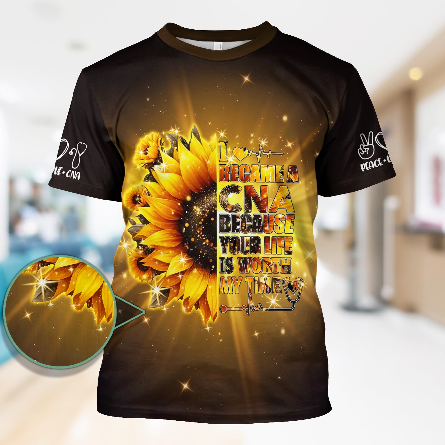 Personalized CNA Sunflower Scrub Top - Your Life Is Worth My Time Design - Gift for RN LPN Healthcare Workers