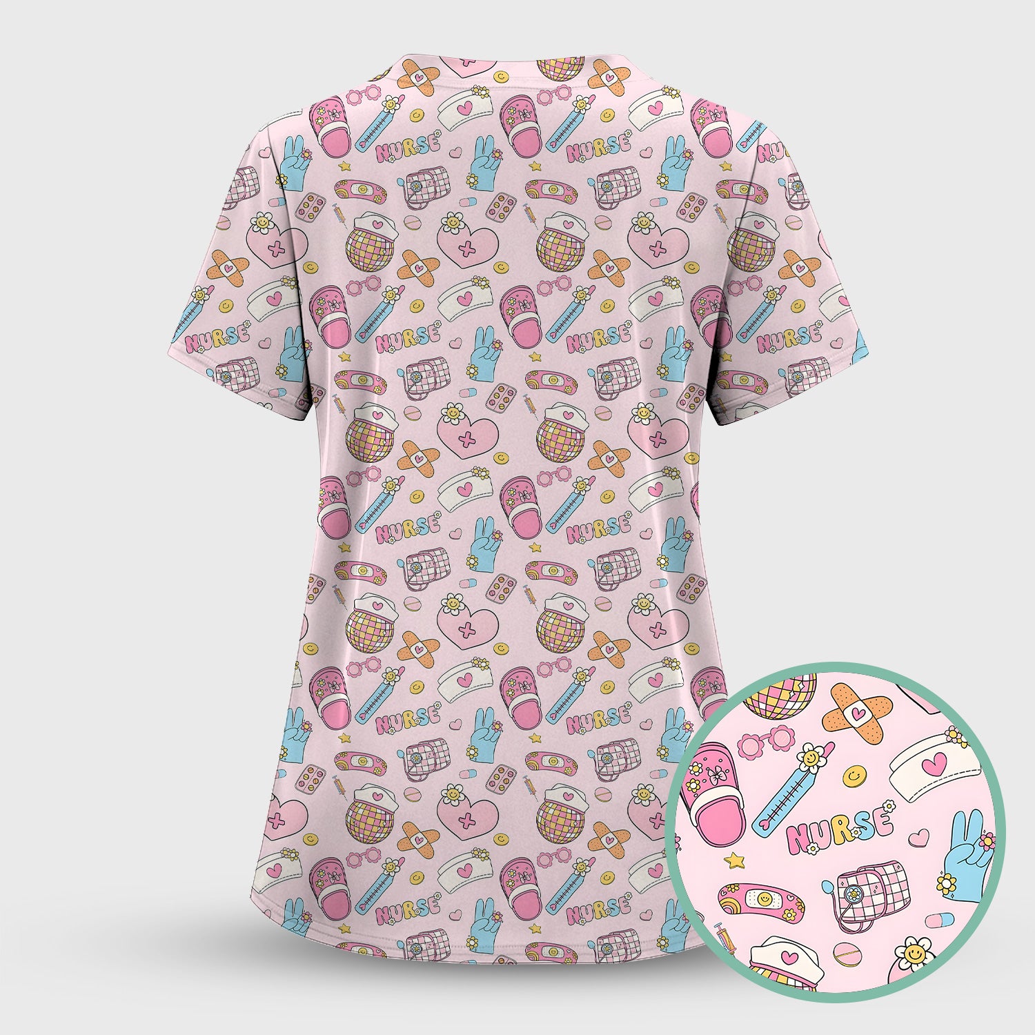 Cute Nurse Pink Medical Tools Pattern Scrub Set, Scrub Pants and V Neck Top