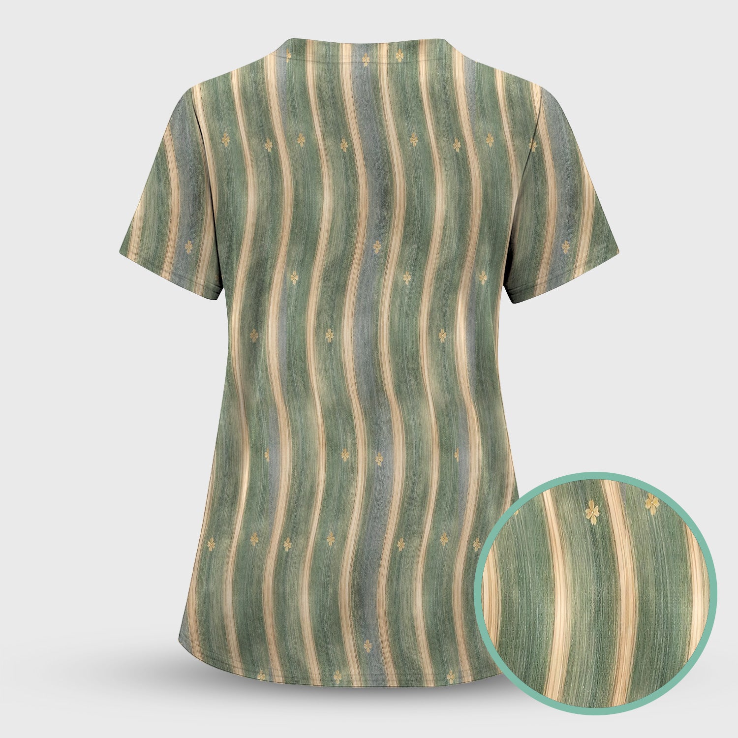 Charming Nurse Green Vertical Stripe Small Floral Pattern Scrub Set, Scrub Pants and V Neck Top