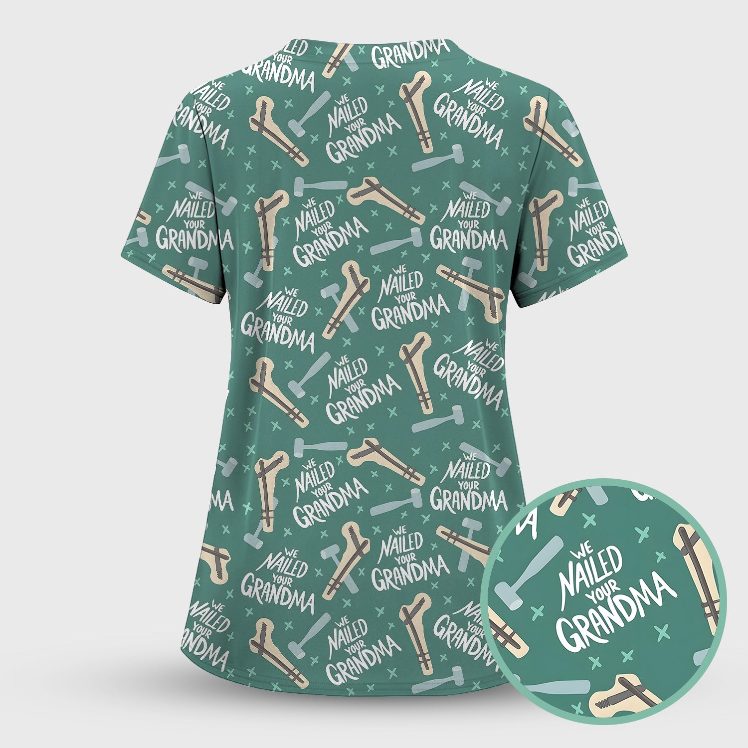 Funny Orthopedic Bone Hammer We Nailed Your Grandma Pattern Scrub Set, Scrub Pants and V Neck Top