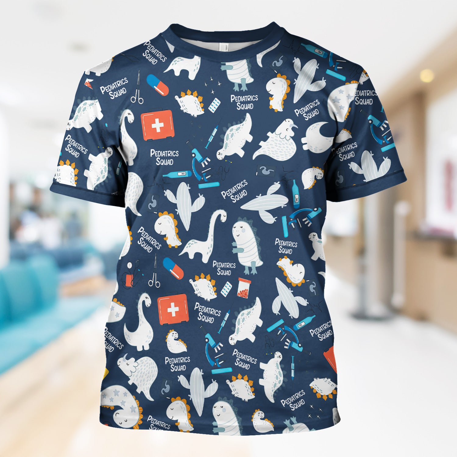 Personalized Pediatric Nurse Scrubs for Women - Cute Dino Print Medical Shirt - Gift for RN, CNA, LPN, Medical Staff