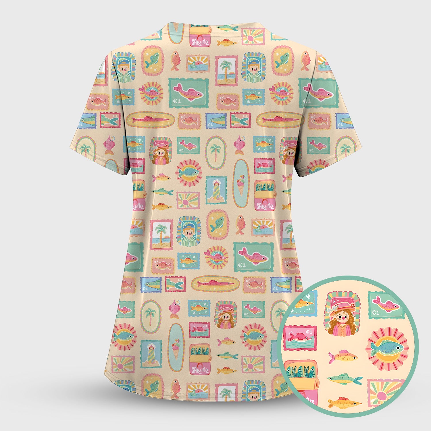 Coastal Vintage Postage Stamp Pattern Scrub Set, Scrub Pants and V Neck Top
