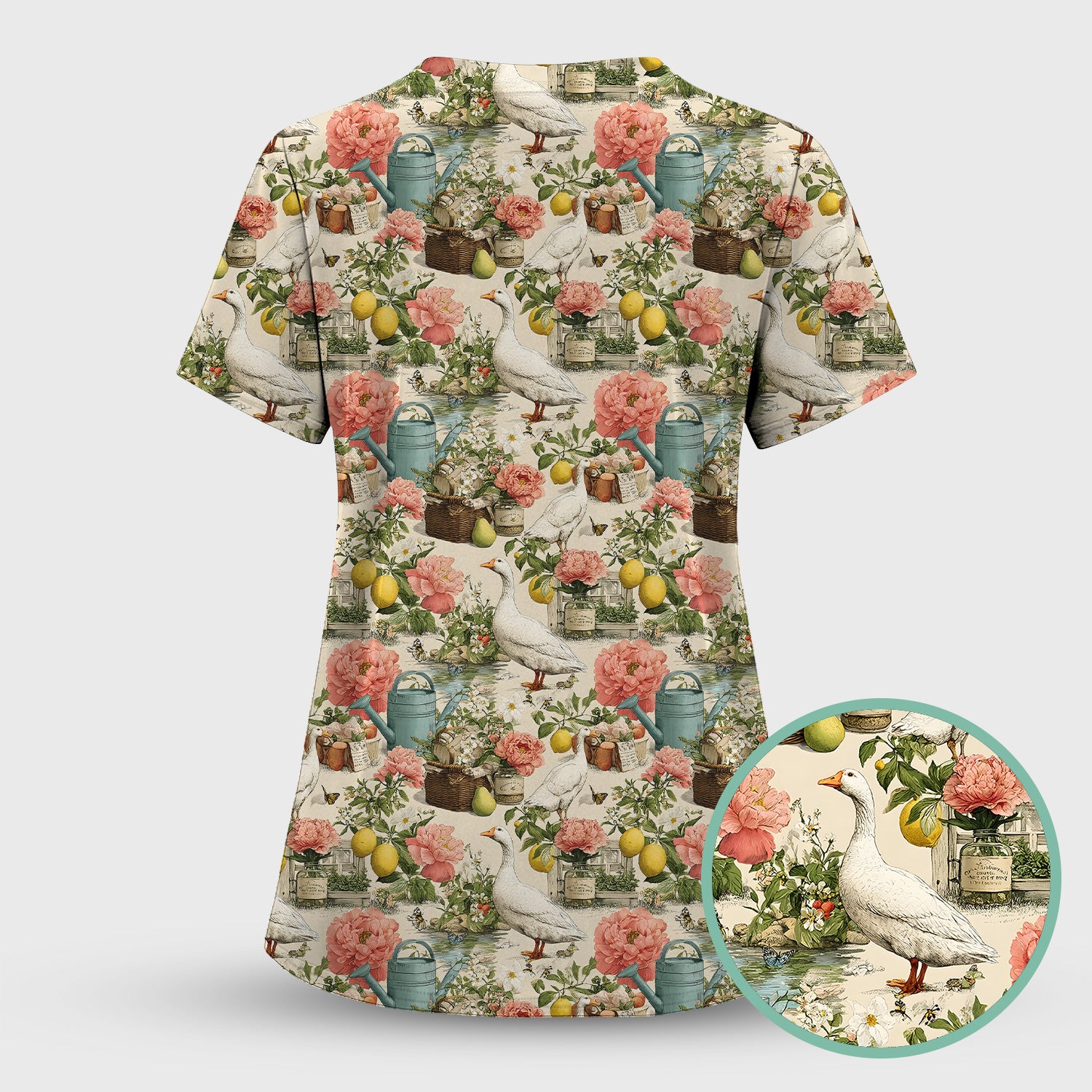 Vintage Goose Garden Floral Pattern Scrub Set, Scrub Pants and V Neck Top