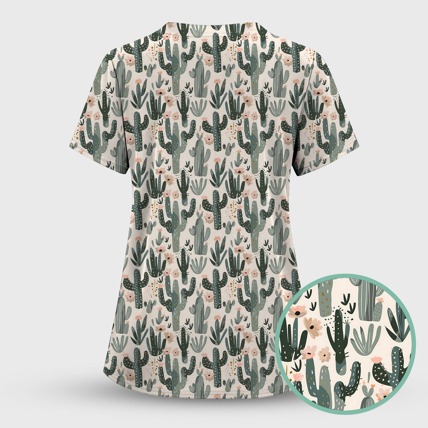 Green Cactus Desert Blossom Pattern Scrub Set, Scrub Pants and V Neck Top