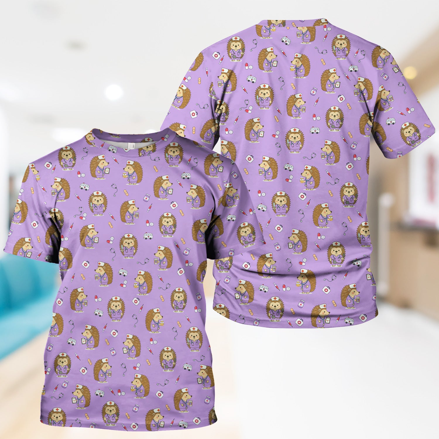 Cute Hedgehog Nurse Scrub Top - Funny Animal & Medical Design - Gift for Women RN LPN Pediatric Nurses