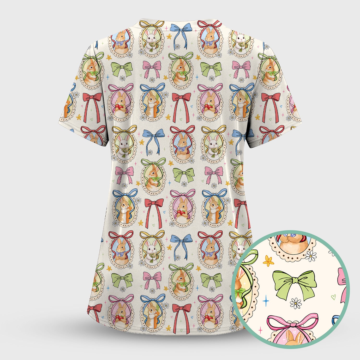 Cute Easter Bunny Cameo Colorful Bow Pattern Scrub Top, Breathable Fabrics Nursing Uniform