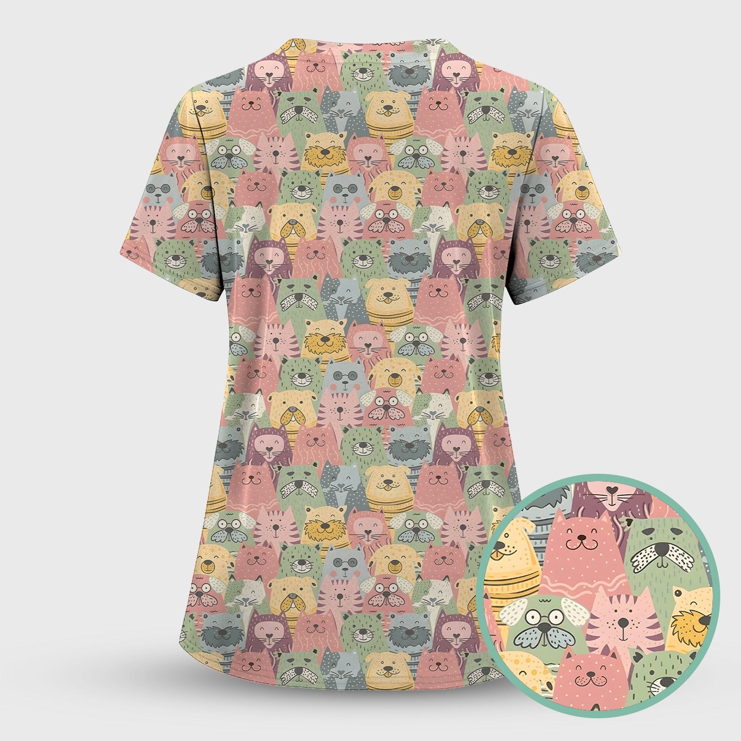 Cartoon Cat & Dog Faces Pattern Scrub Top, Comfortable Scrubs for Nurses