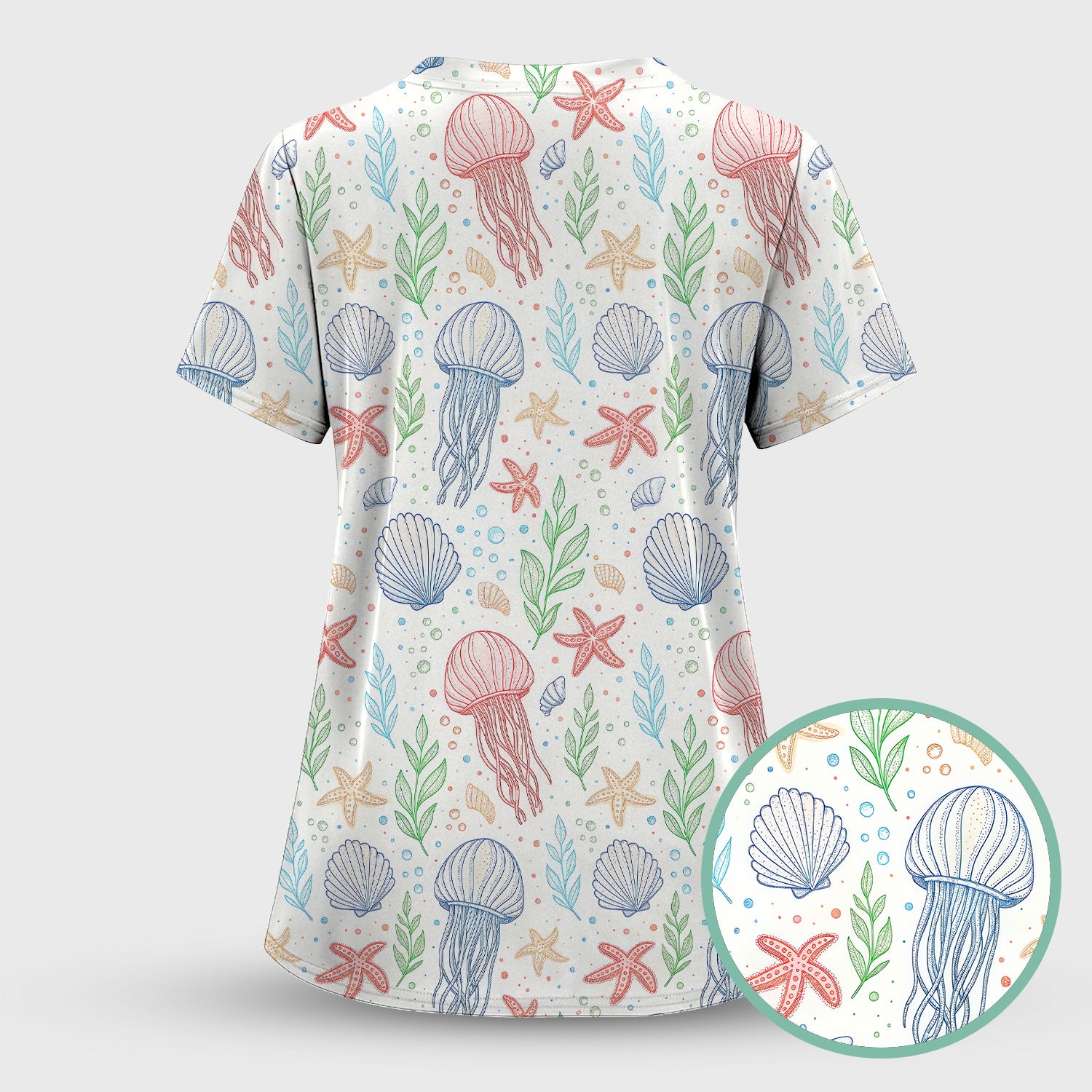 Ocean Jellyfish Starfish Seashell Pattern Scrubs Top, Comfortable Scrubs for Nurses
