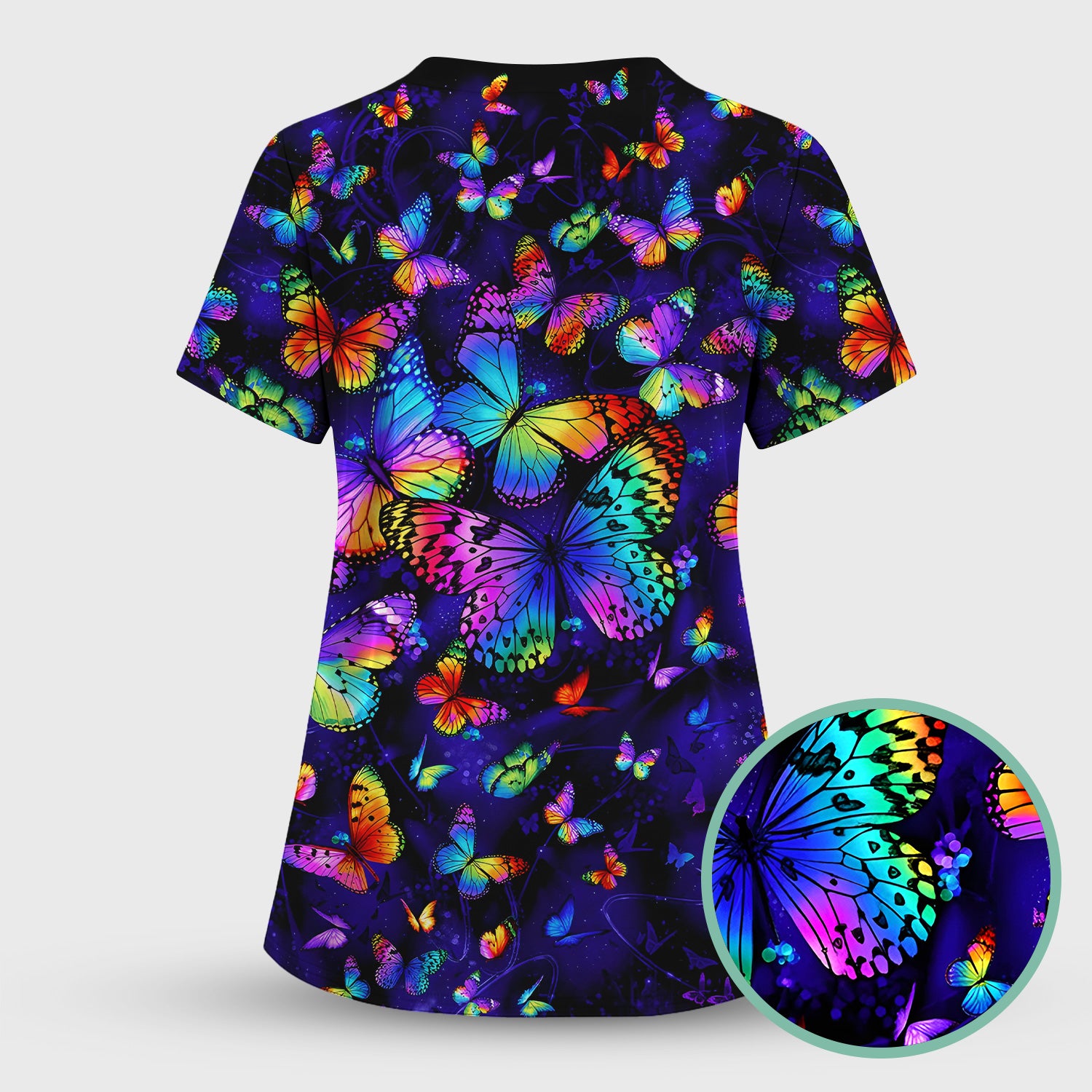 Vibrant Rainbow Butterfly Galaxy Pattern Scrub Set, Scrub Pants and V Neck Top