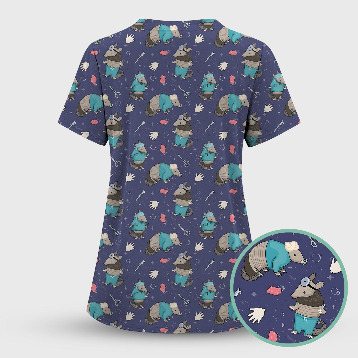 Armadillo Doctor Medical Tools Pattern Scrub Set, Scrub Pants and V Neck Top