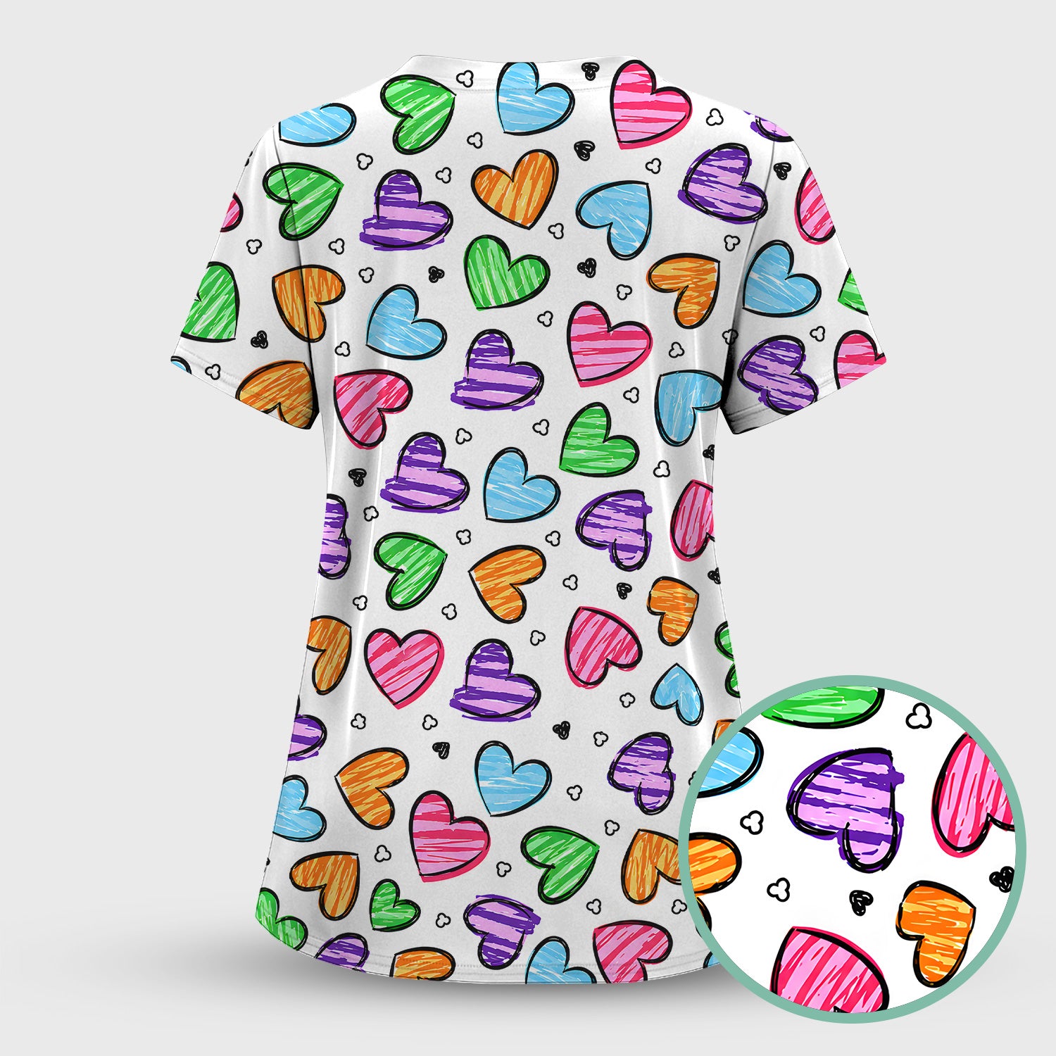 Colorful Doodle Heart Pattern Scrub Top, Comfortable Scrubs for Nurses