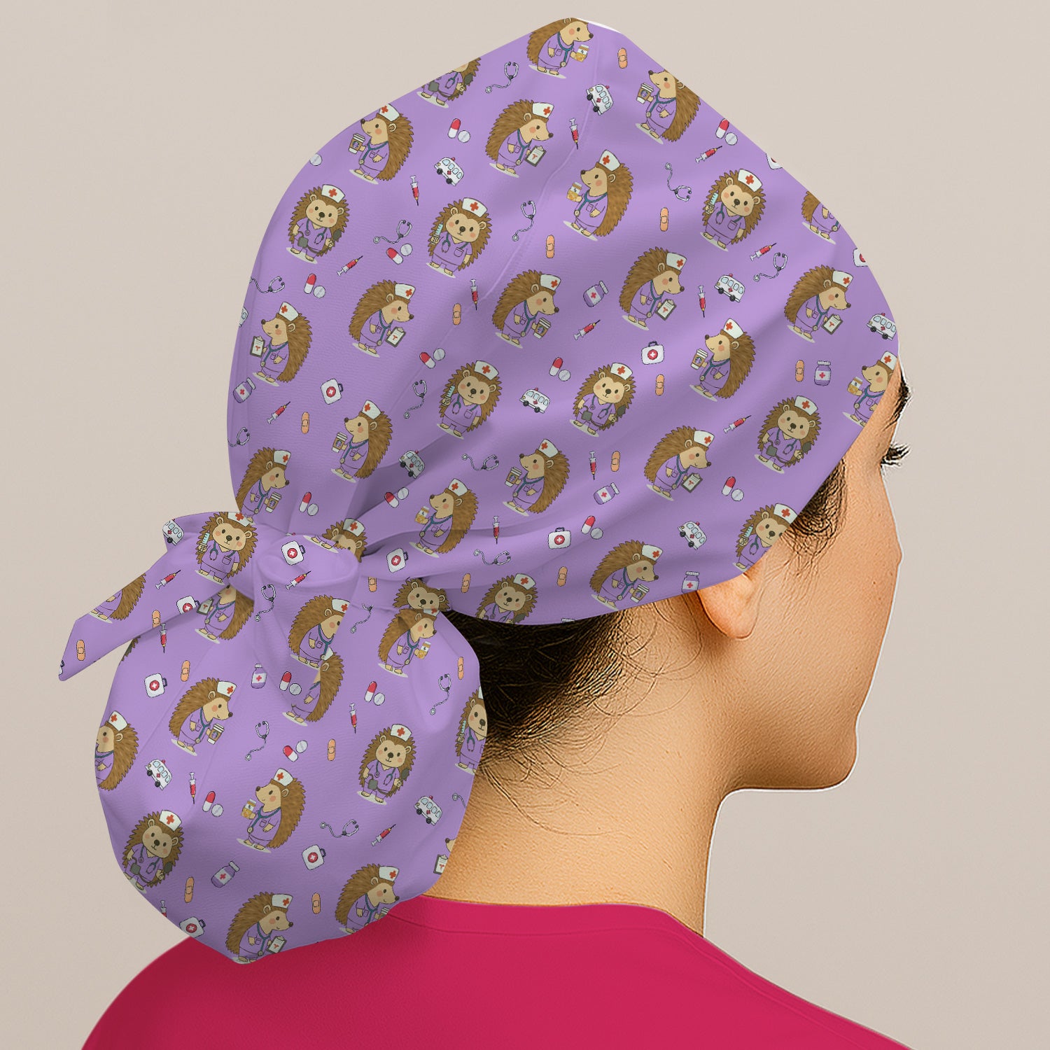 Cute Nurse Animal Scrub Cap - Cute Hedgehog with Coffee & Stethoscope Design - Gift for Healthcare Workers & Vet Techs