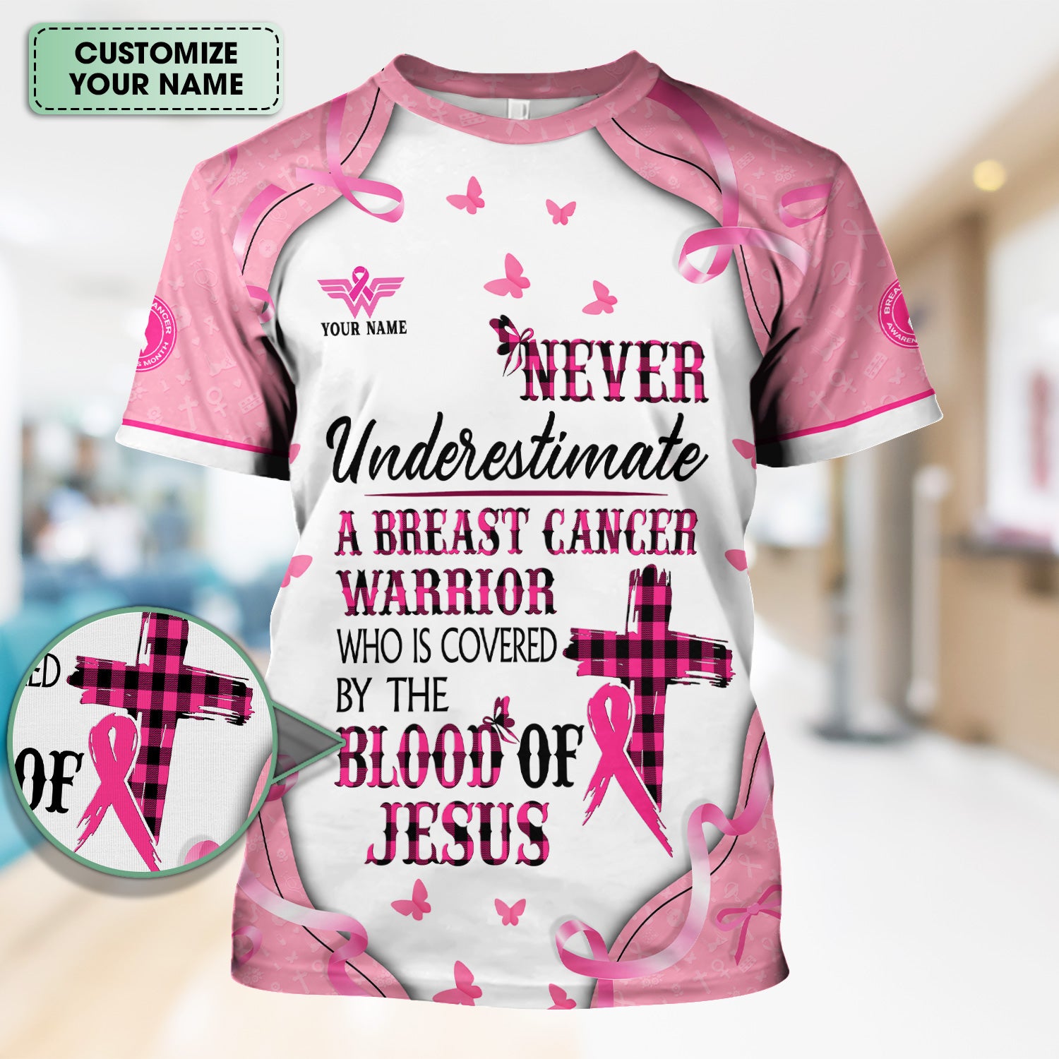 Custom Christian Breast Cancer Awareness Shirt - Blood Of Jesus Quote Graphic Tee - Gift for RN LPN CNA