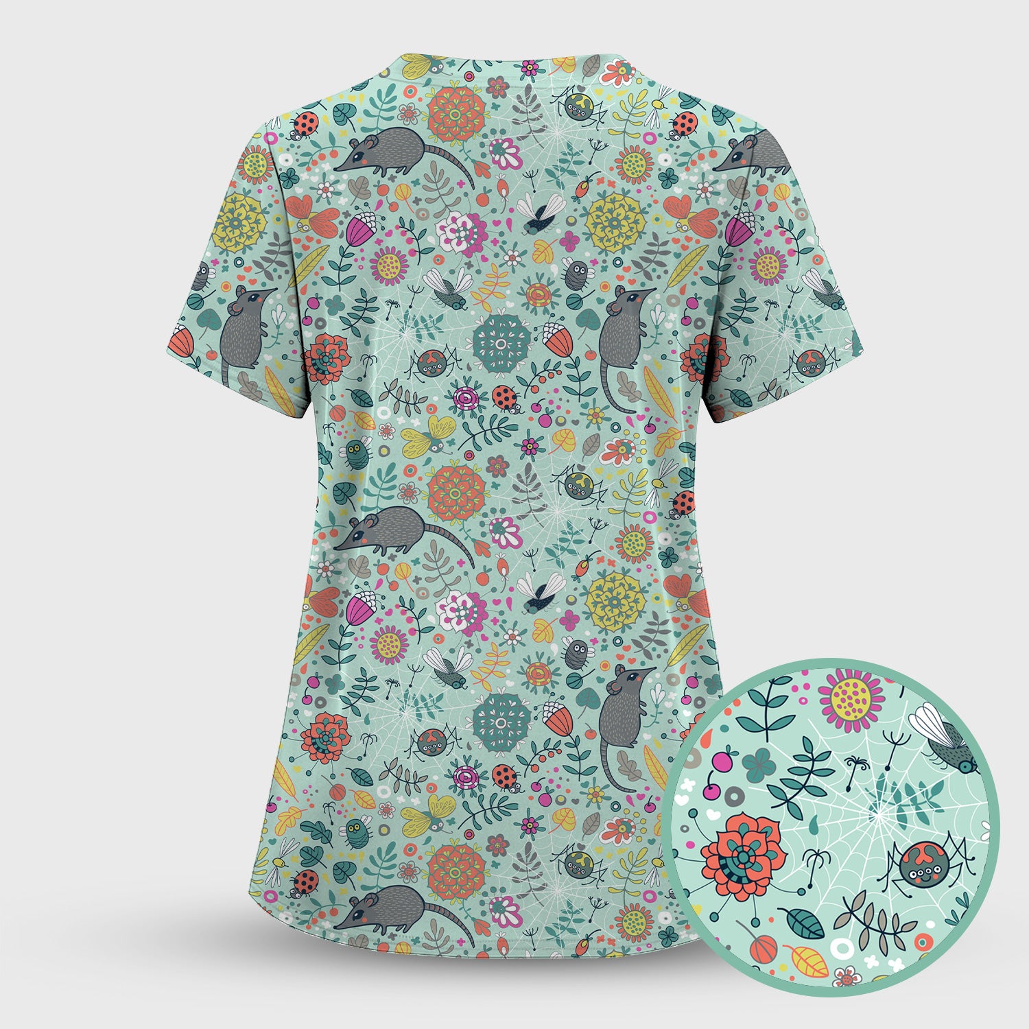 Woodland Mouse Floral Pattern Scrub Set, Breathable Med Uniform