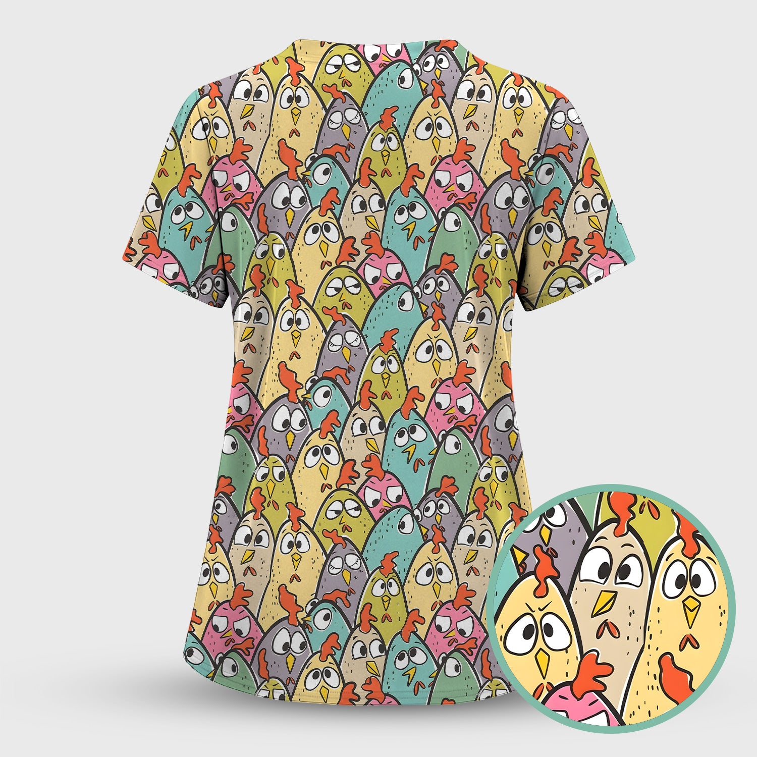 Funny Cartoon Chicken Crowd Pattern Scrub Top, Comfortable Scrubs for Nurses