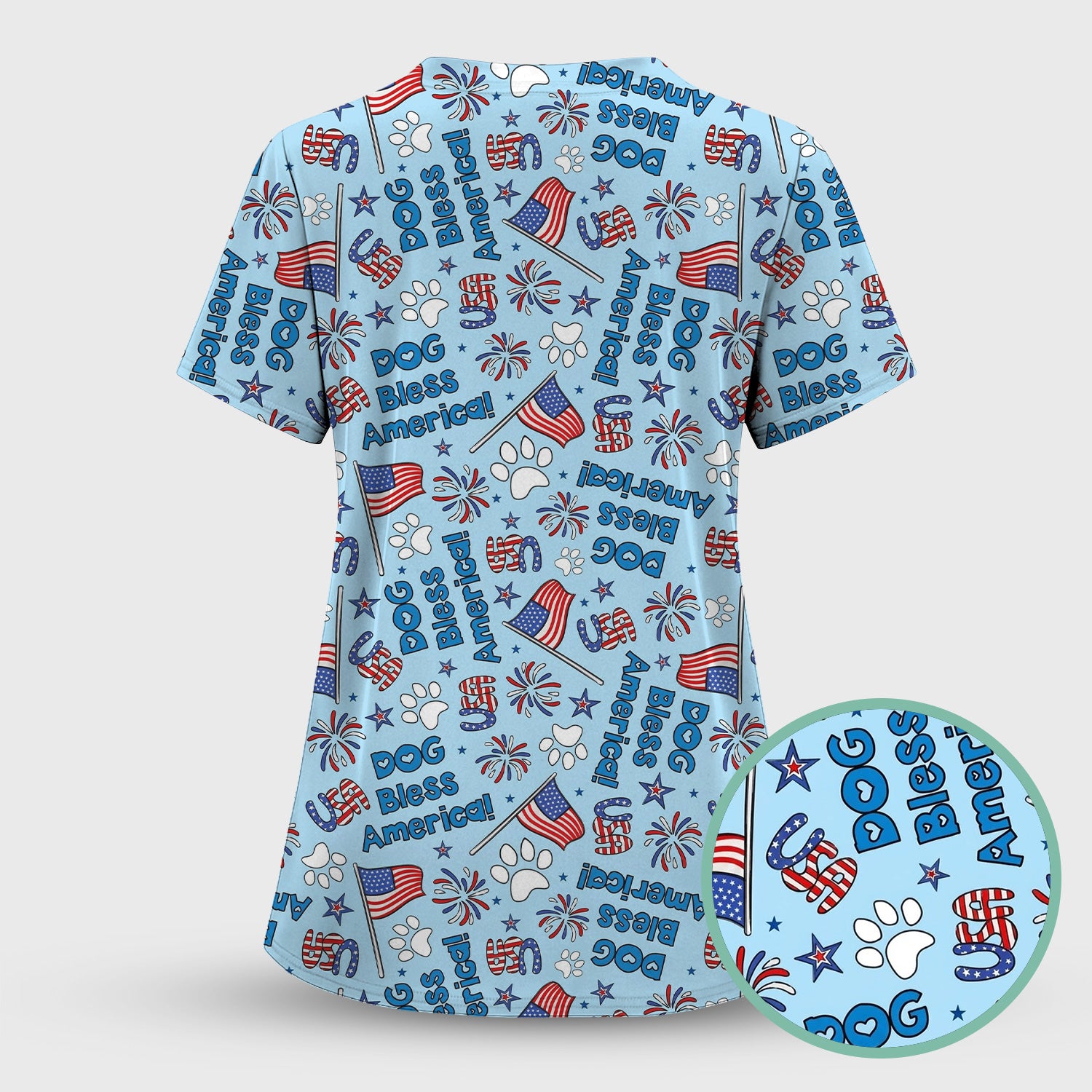 Funny Patriotic Dog Bless America Flag Pattern Scrub Set, Scrub Pants and V Neck Top