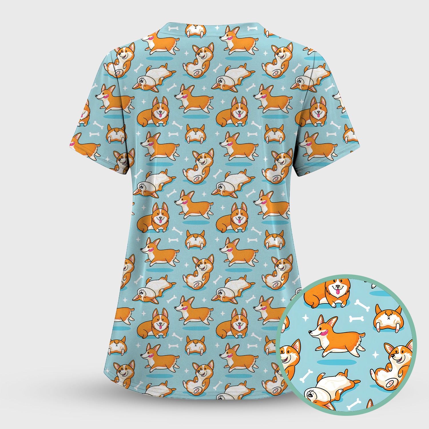 Corgi Dog Playing Rolling Bone Pattern Scrub Set, Scrub Pants and V Neck Top