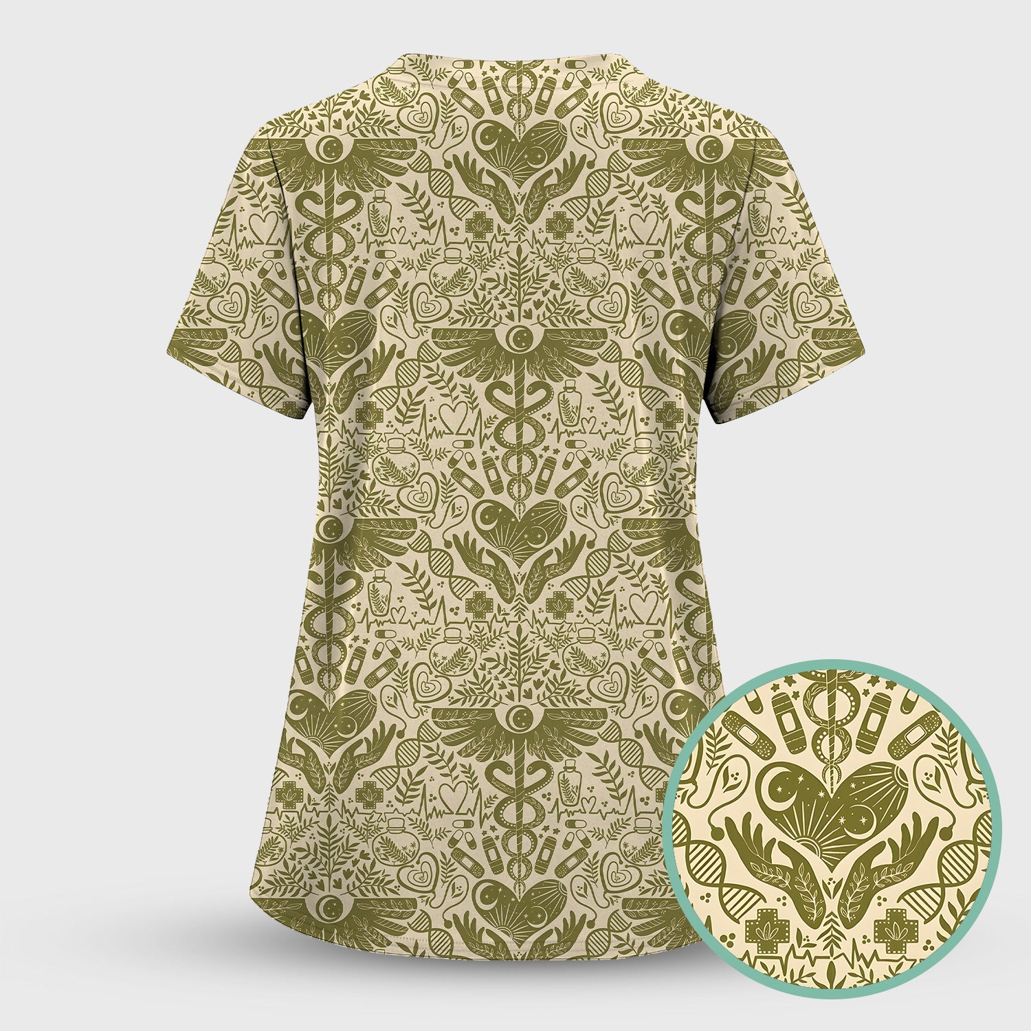 Inspirational Botanical Medical Caduceus Heart Nurse Pattern Scrub Set, Breathable Med Uniform