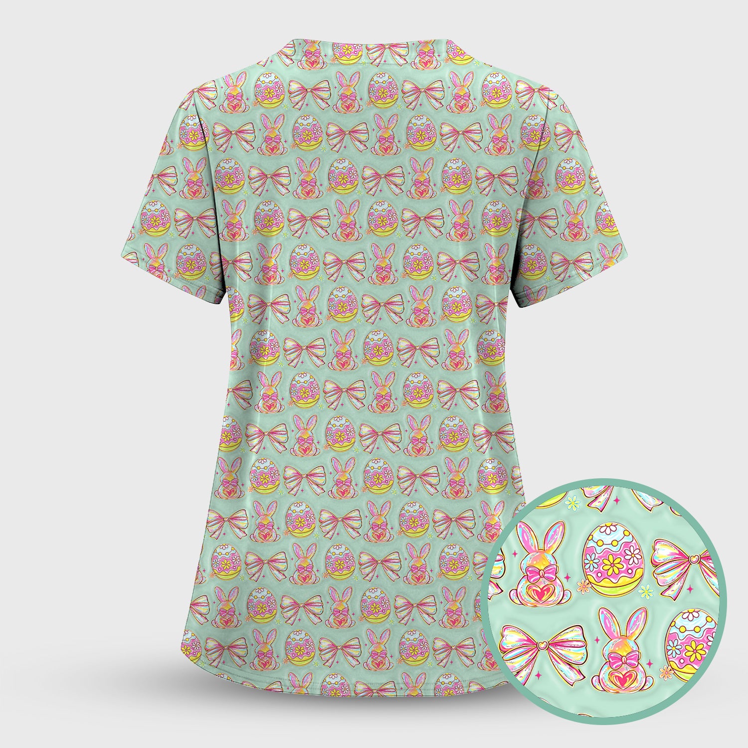 Easter Bunny Pastel Egg Bow Pattern Scrub Top, Breathable Fabrics Nursing Uniform