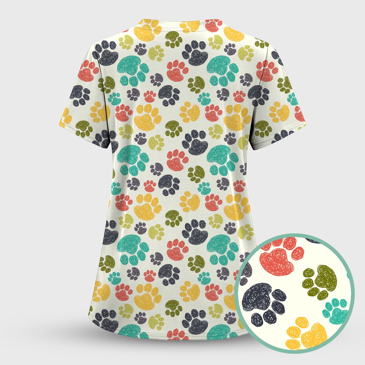 Colorful Paw Print Animal Pattern Scrub Top, Comfortable Scrubs for Nurses