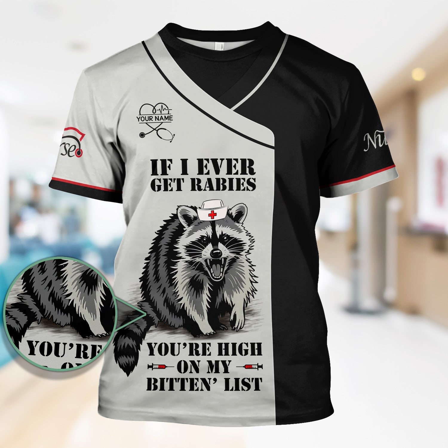 Personalized Funny Nurse Scrub Top with Raccoon - You're High On My Bitten List - Gift for RN LPN CNA Women
