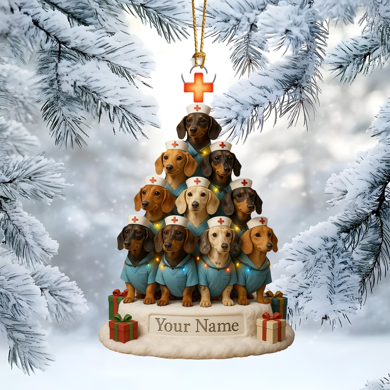 Personalized Dachshund Nurse Christmas Tree Ornament – Custom Name Dog Nurse Holiday Decor – Cute Wiener Dog Scrubs Ornament for Vet Techs & Healthcare Workers